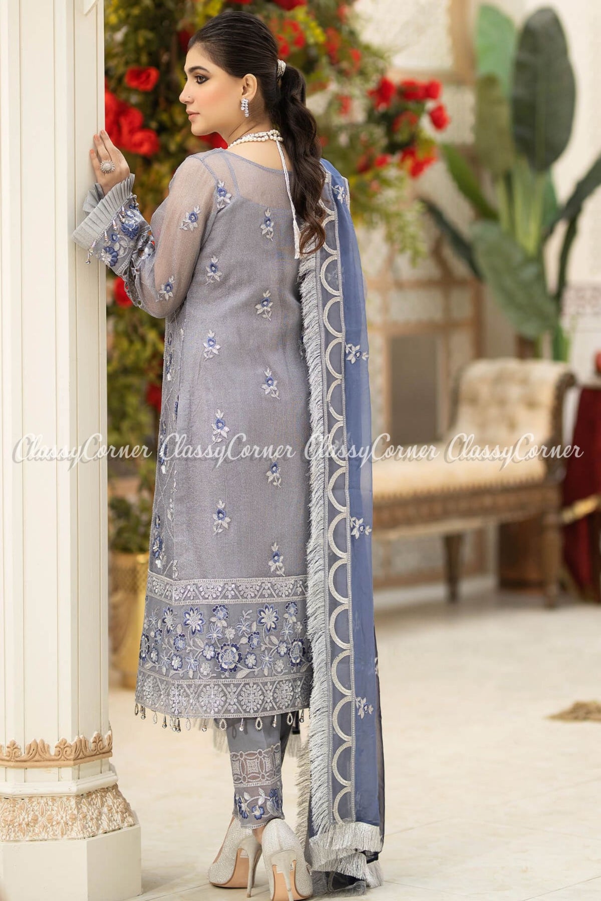 Grey Blue Masuri Embroidered Pakistani Suit