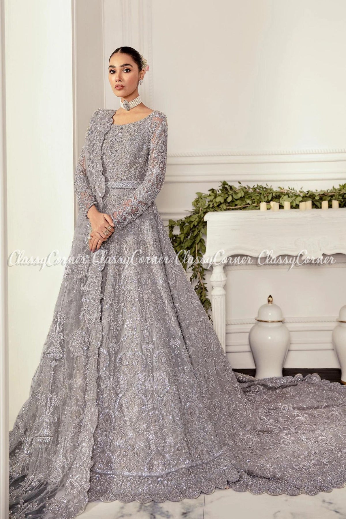 Grey Embellished Wedding Wear Gown