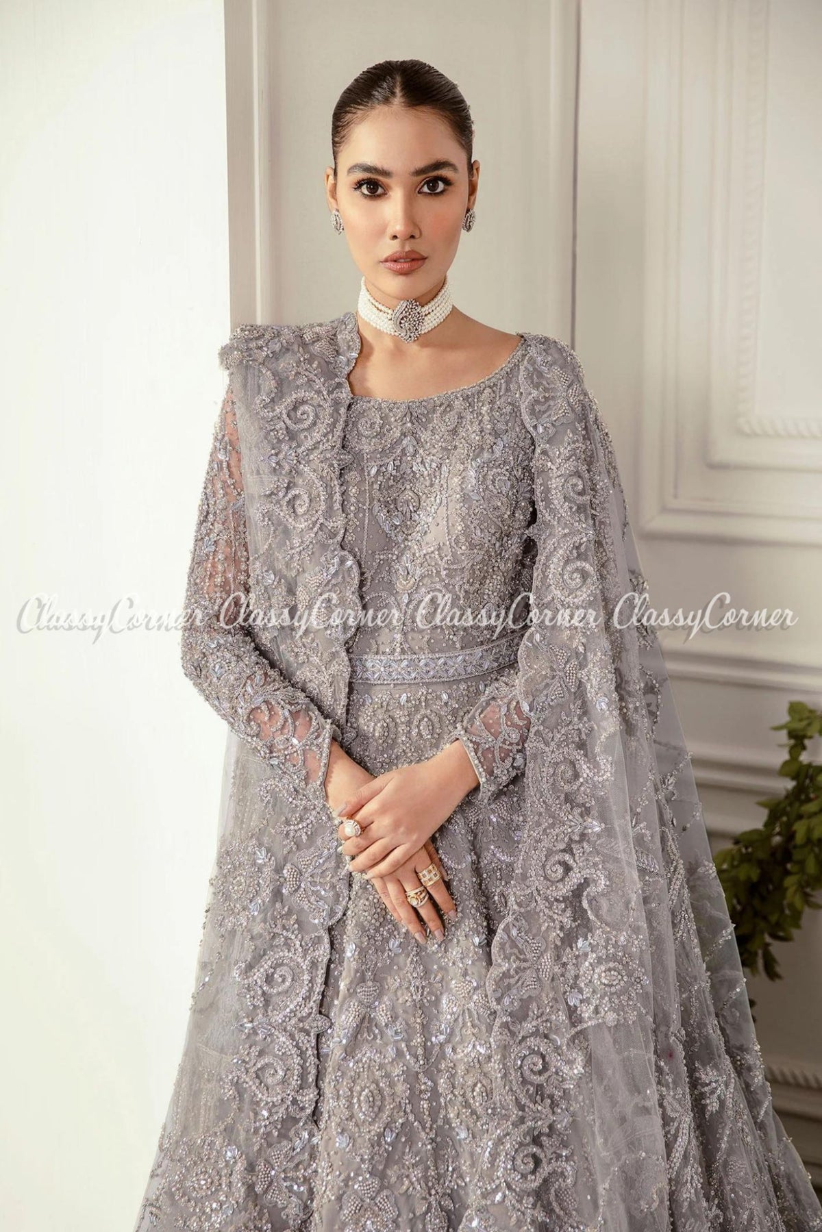 Grey Embellished Wedding Wear Gown