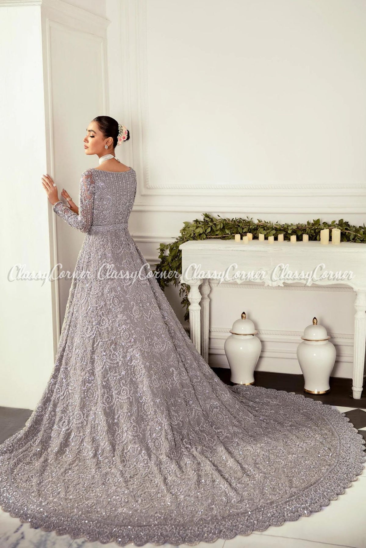 Grey Embellished Wedding Wear Gown