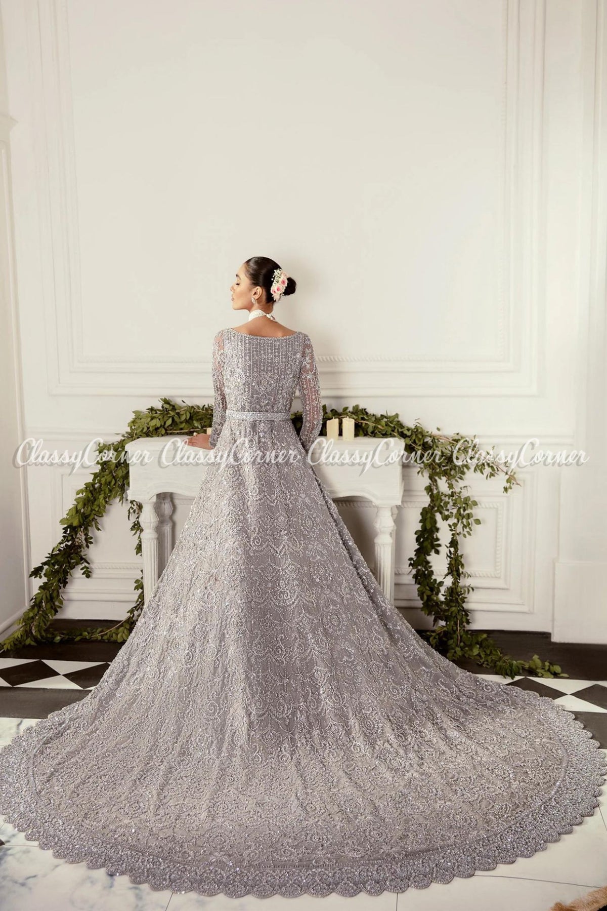 Grey Embellished Wedding Wear Gown