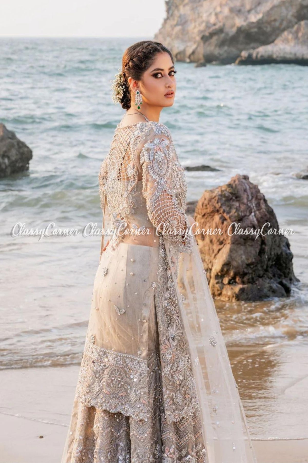 Grey Net Embellished Bridal Wear Lehenga Outfit