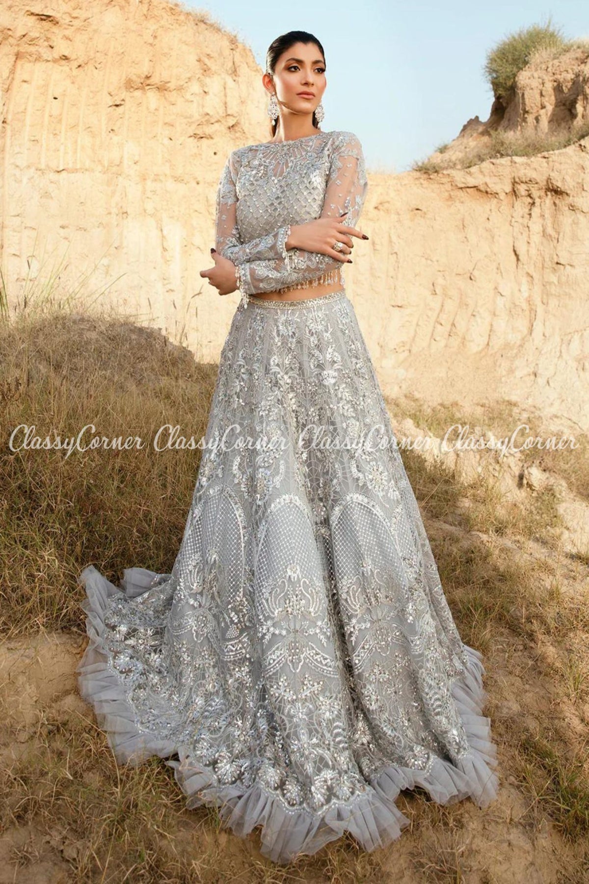 Grey Net Embellished Wedding Wear Lehenga Choli