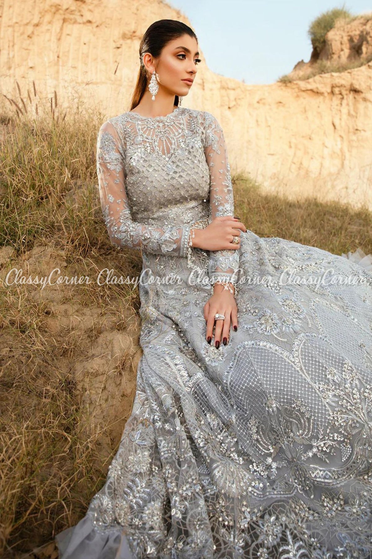 Grey Net Embellished Wedding Wear Lehenga Choli