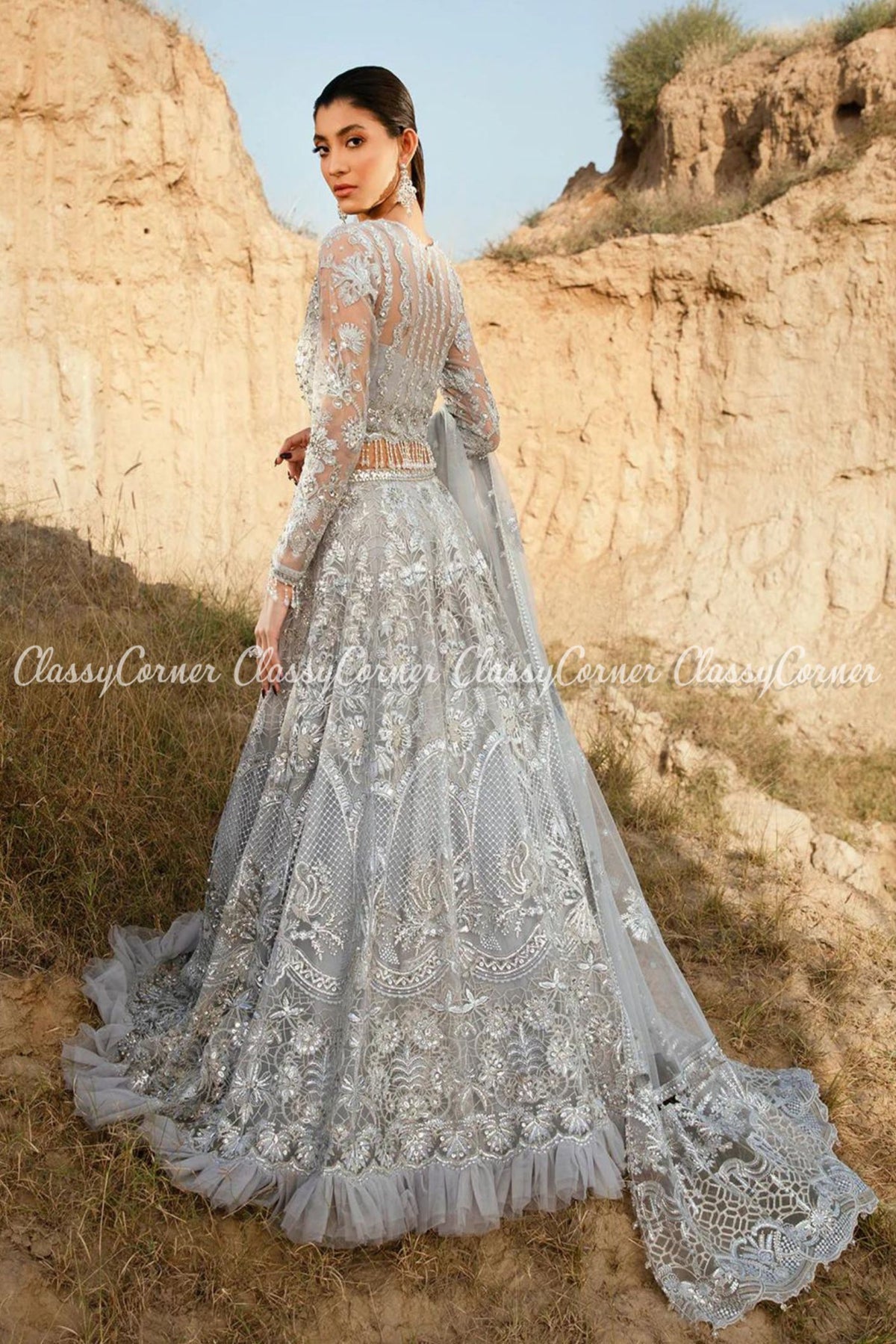 Grey Net Embellished Wedding Wear Lehenga Choli