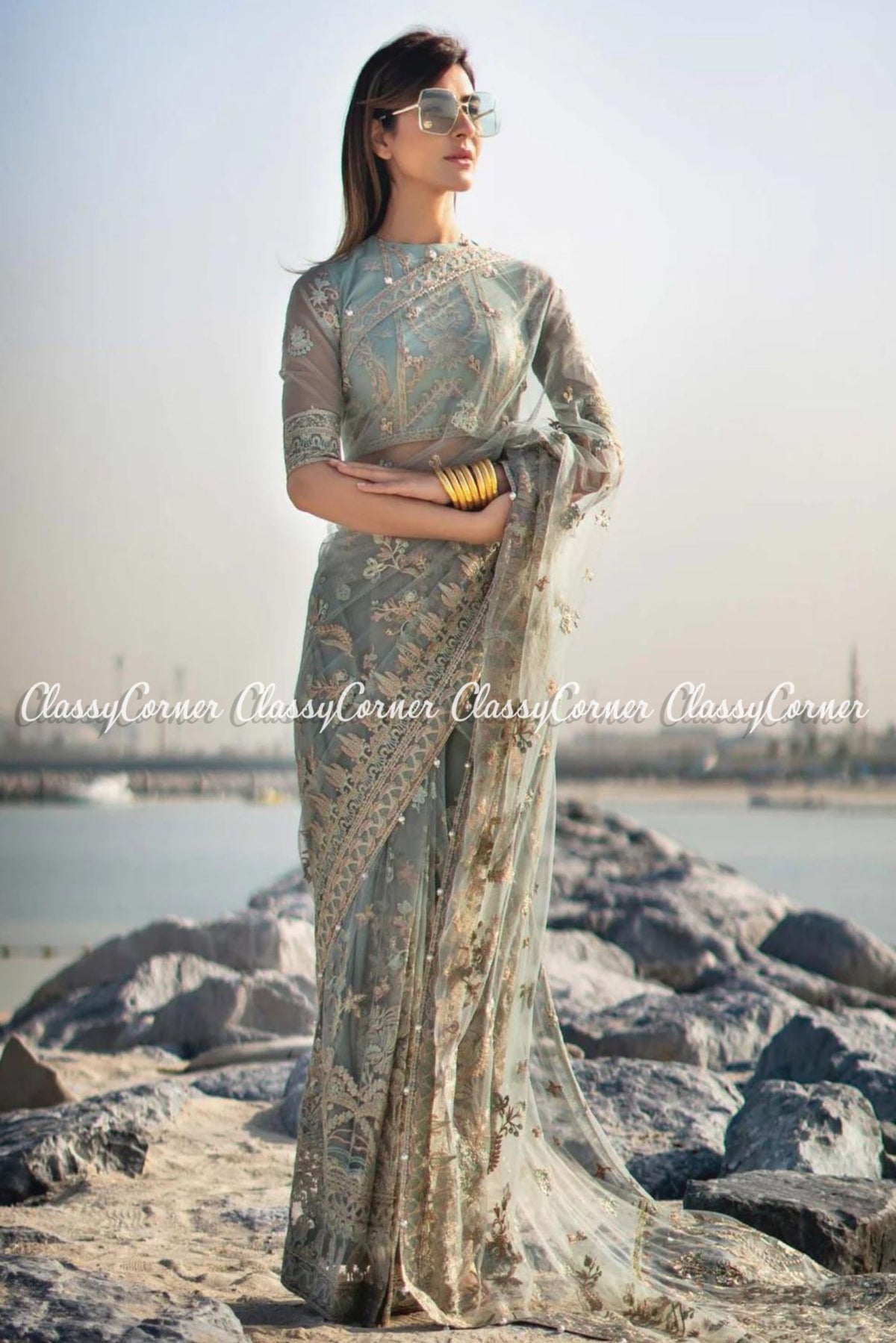 Pakistani Grey Pink Net Embellished Party Wear Saree