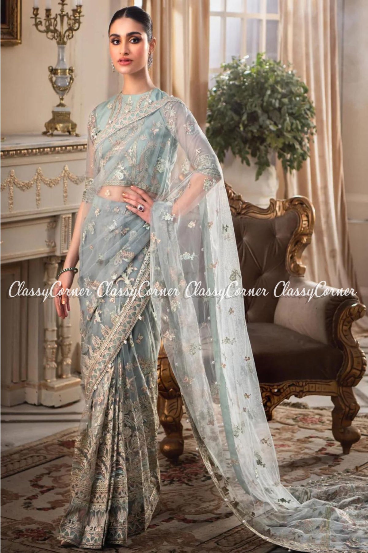 Pakistani Grey Pink Net Embellished Party Wear Saree