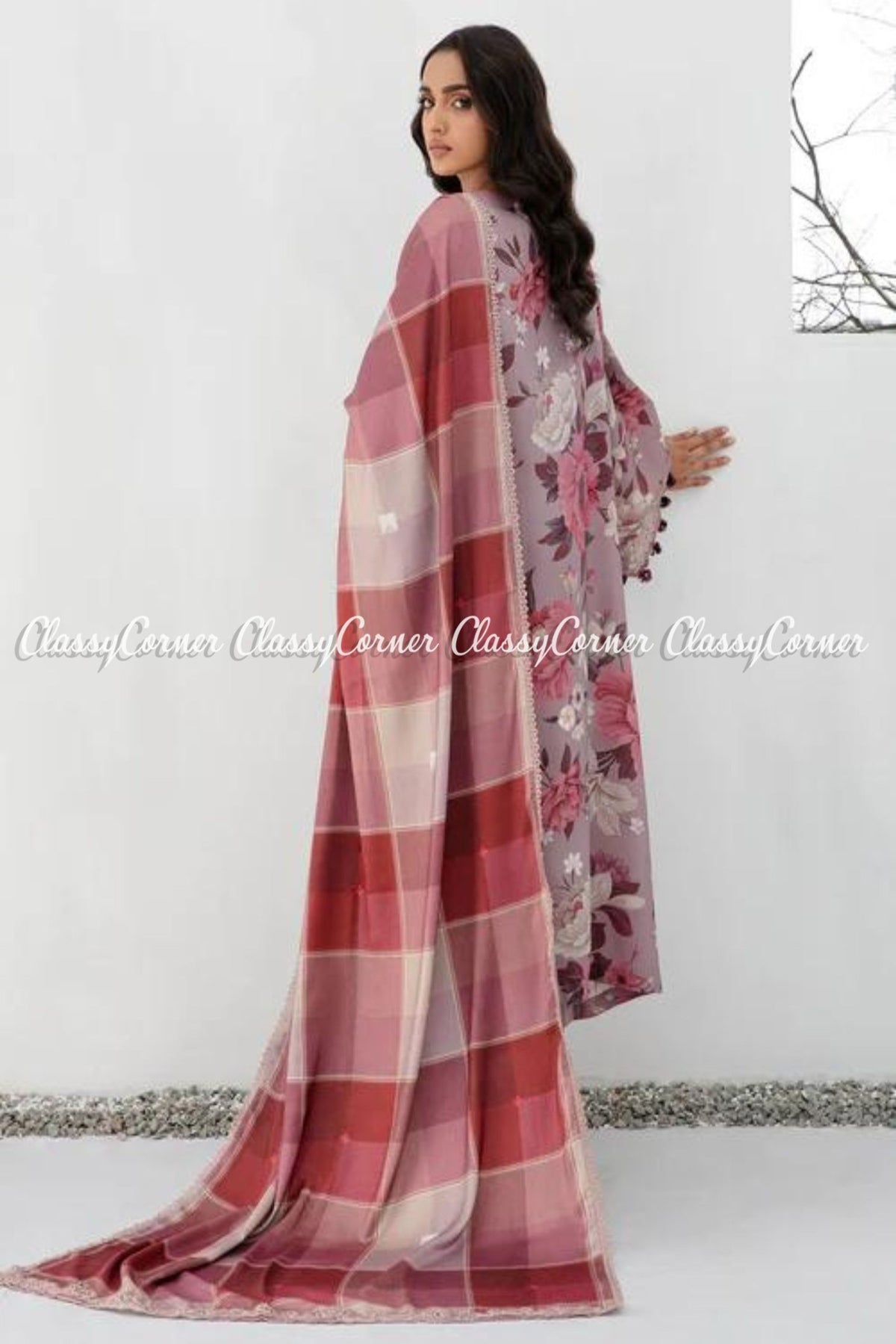 Grey Pink Floral Printed Viscose 3PC Salwar Kameez