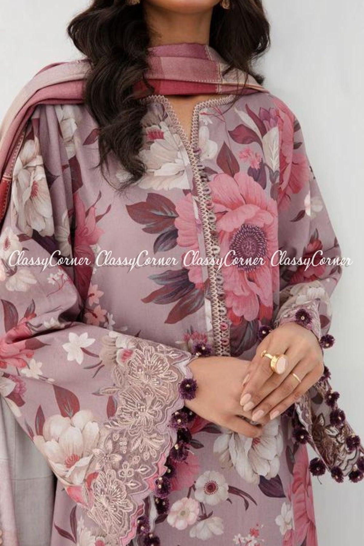 Grey Pink Floral Printed Viscose 3PC Salwar Kameez