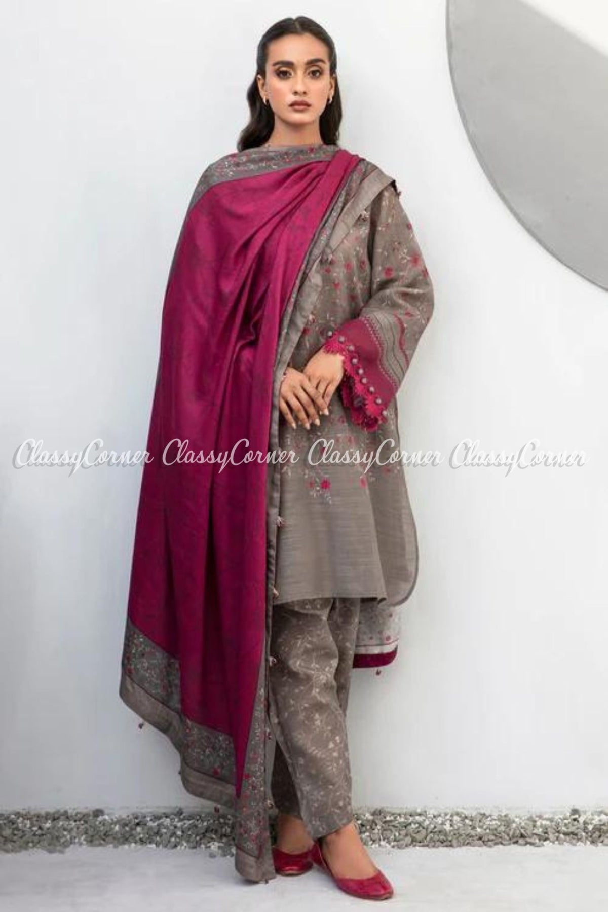 Grey Magenta Khaddar Embroidered Casual Salwar Kameez