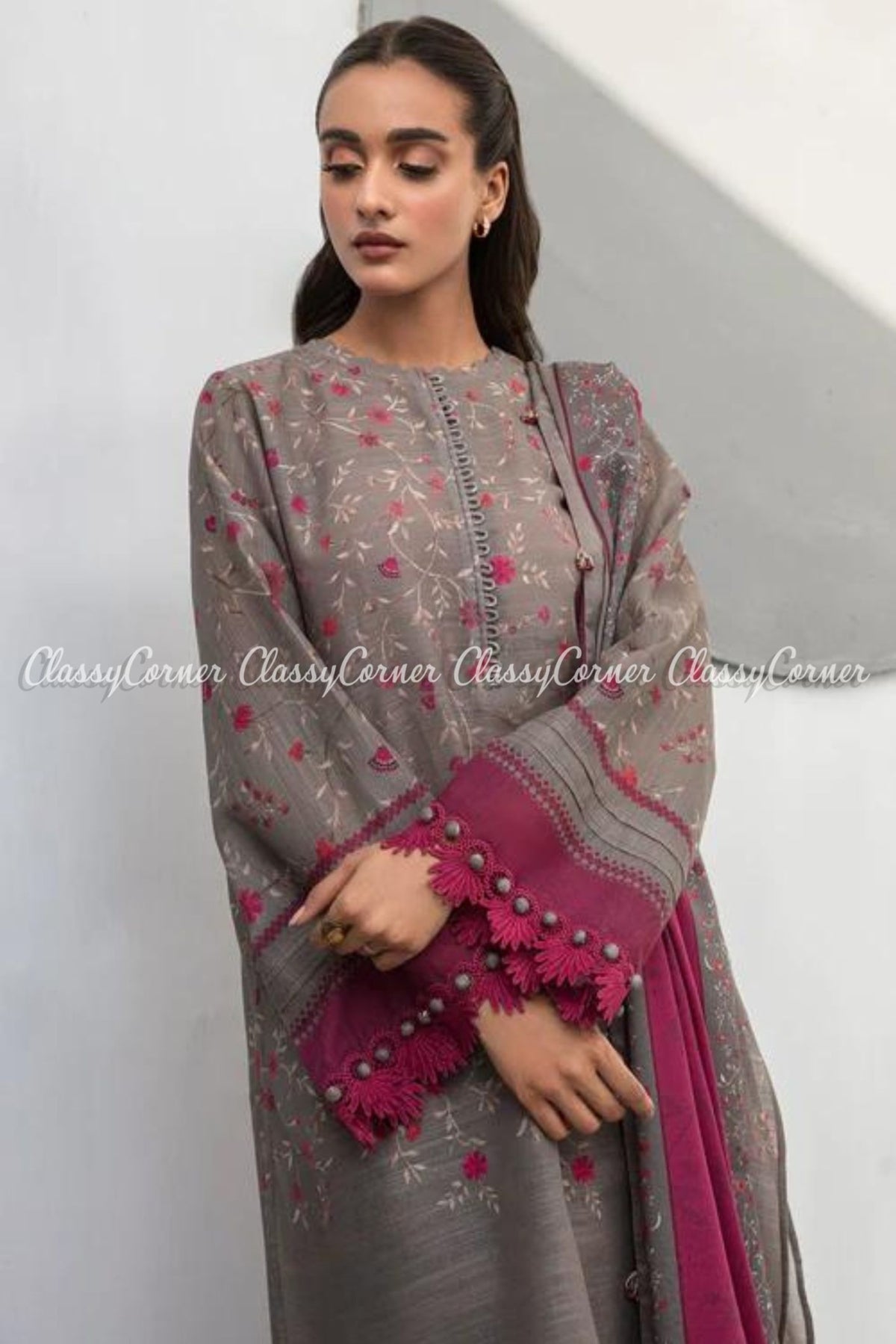 Grey Magenta Khaddar Embroidered Casual Salwar Kameez