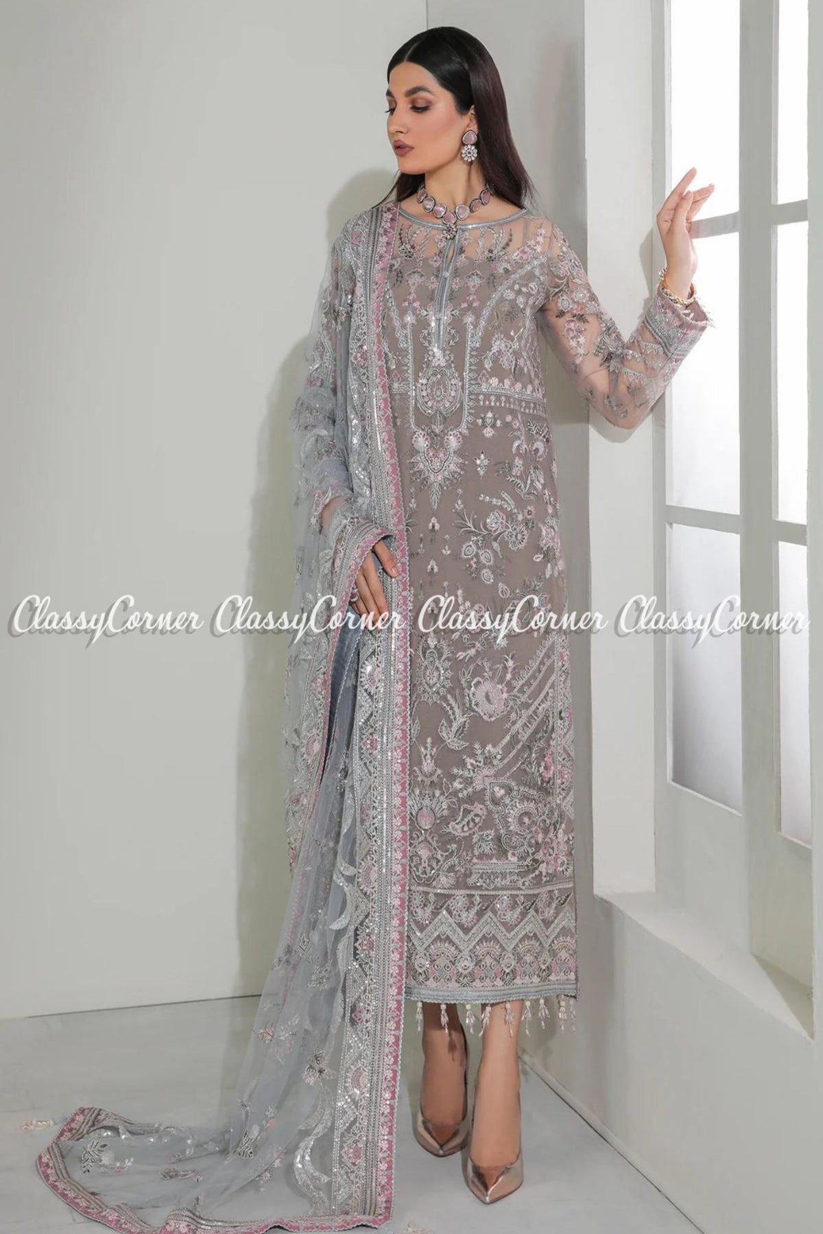 Iced Mauve Net Embroidered Pakistani Salwar Kameez