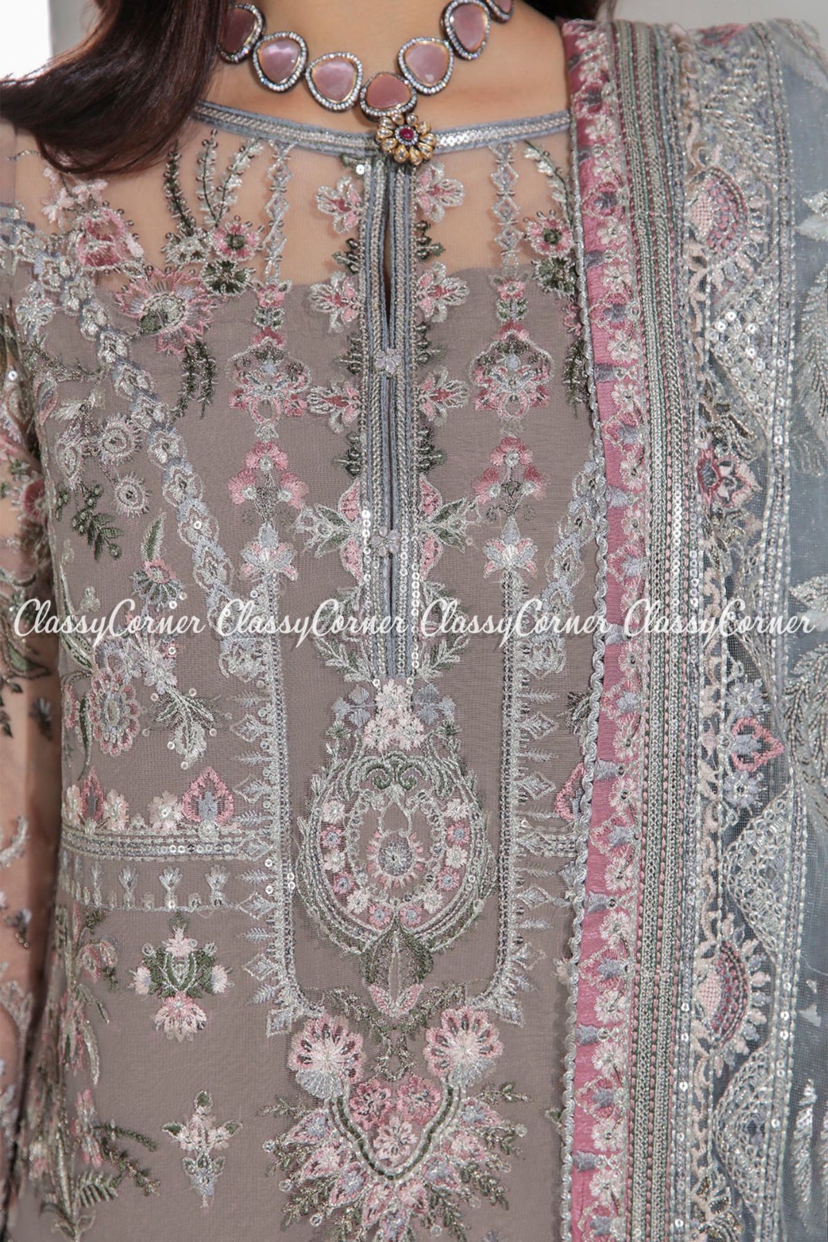 Iced Mauve Net Embroidered Pakistani Salwar Kameez