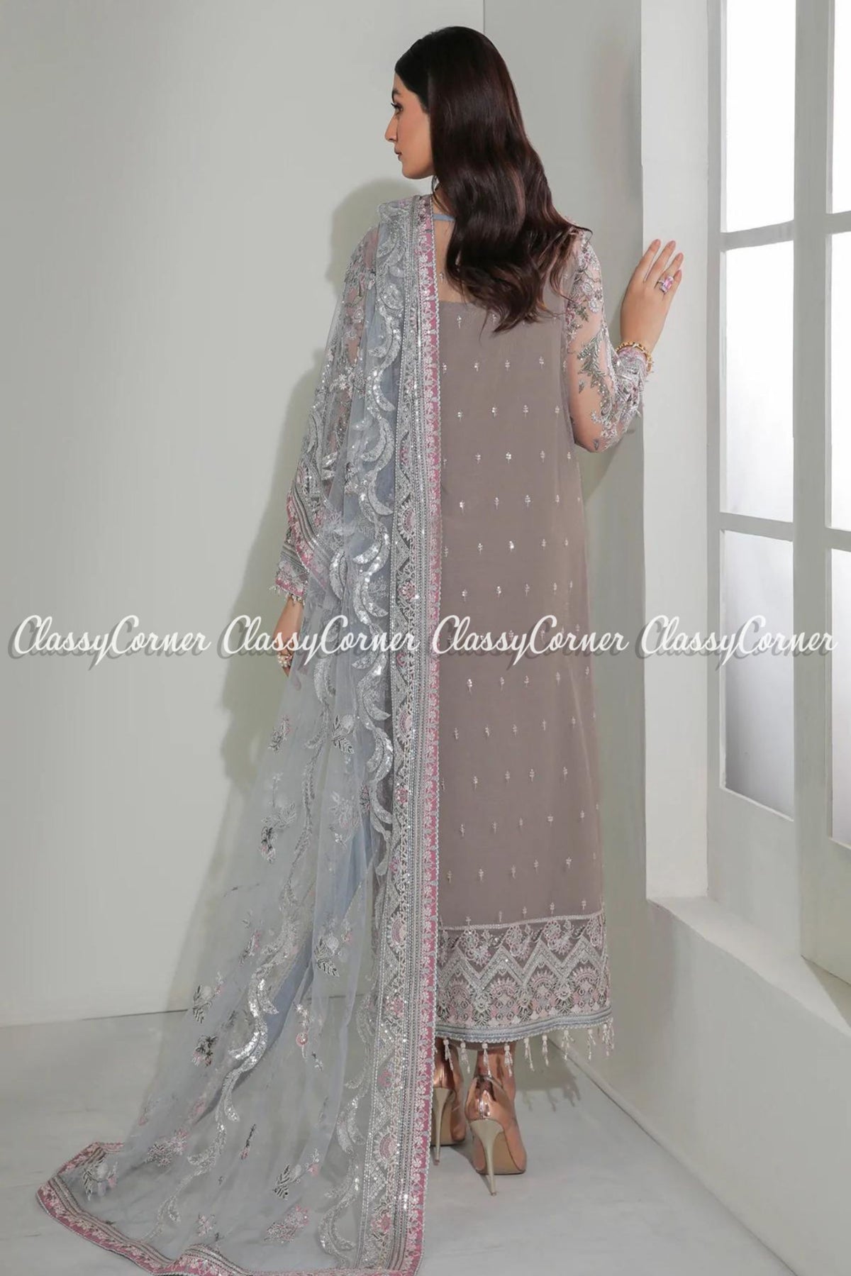 Iced Mauve Net Embroidered Pakistani Salwar Kameez