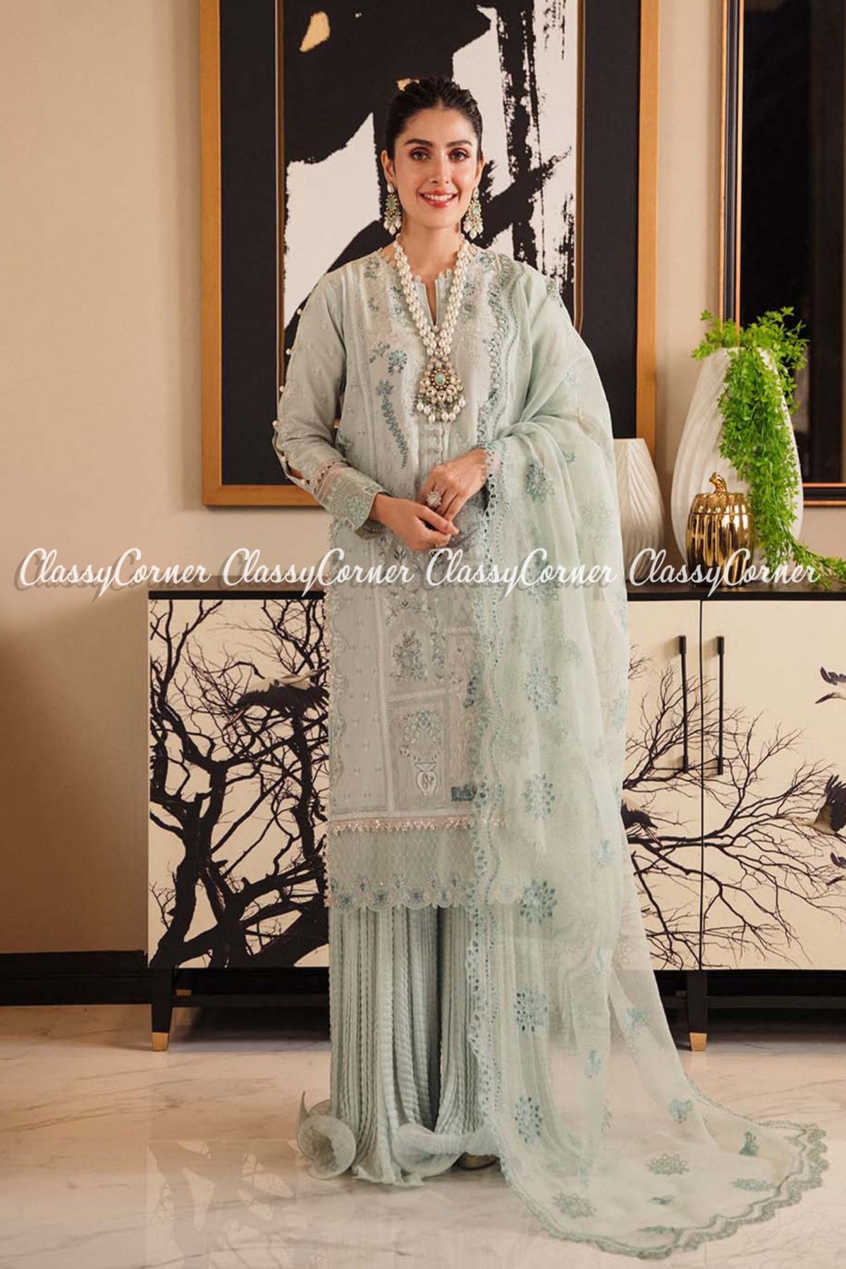 Grey Lawn Embroidered Pakistani Salwar kameez