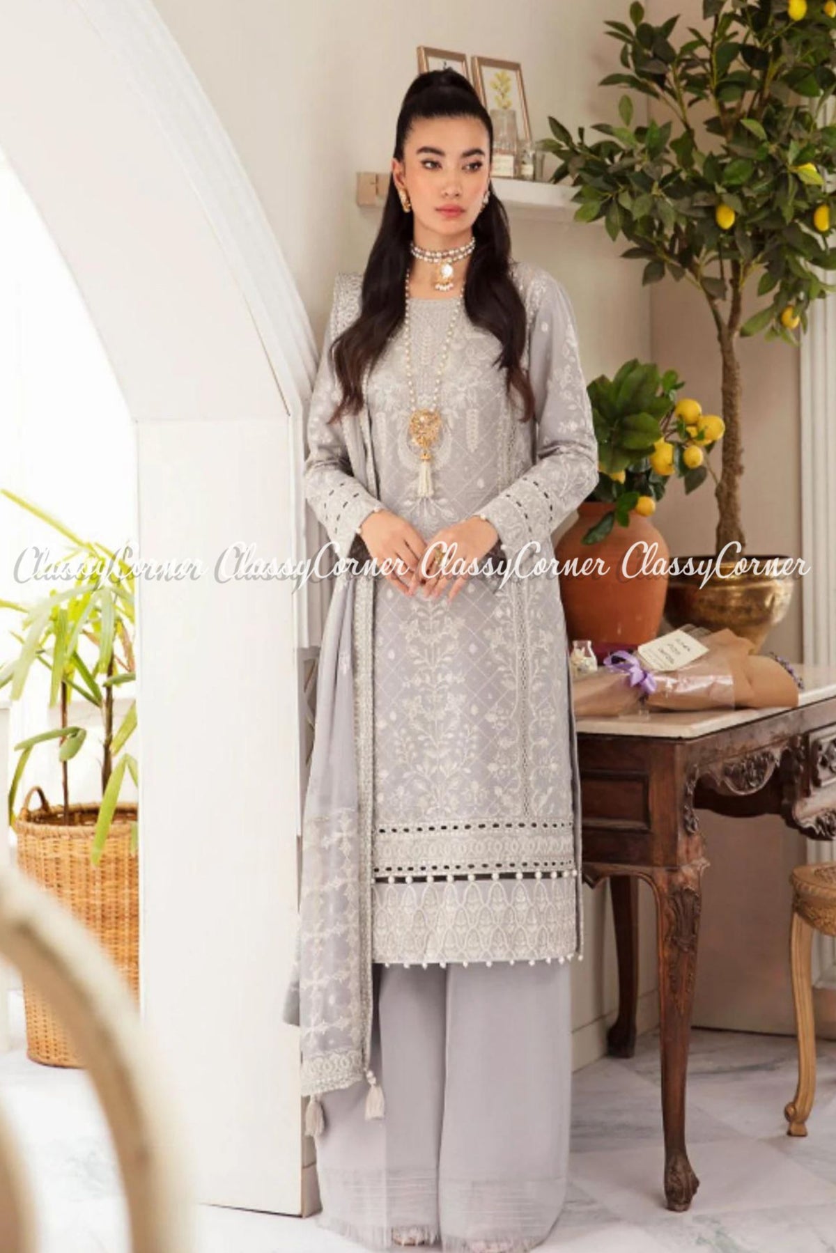 Grey White Lawn Embroidered Formal Wear Salwar Kameez