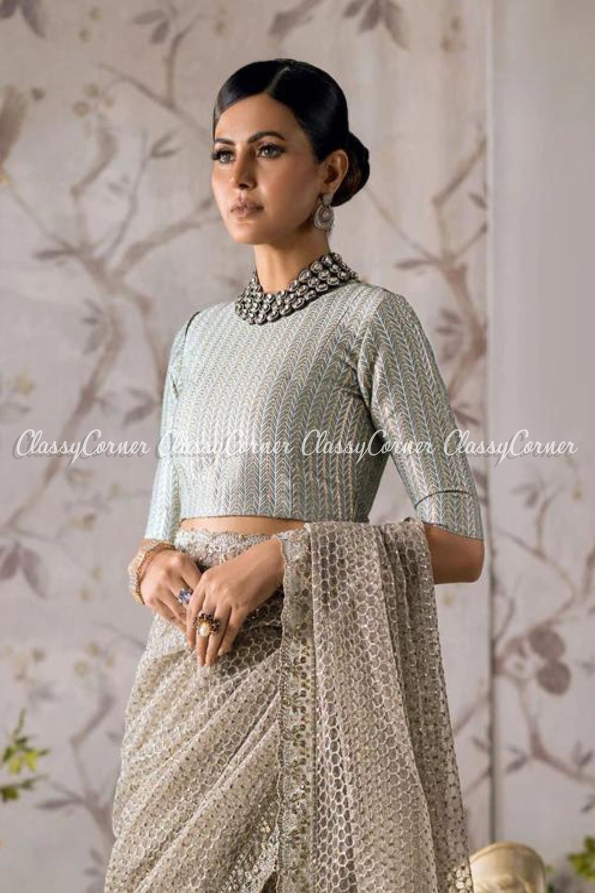 Light Grey Net Embroidered Pakistani Formal Wear Saree