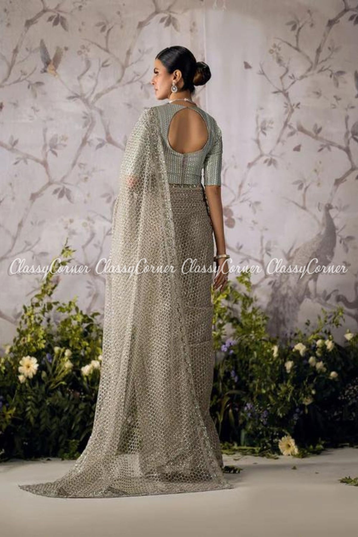 Light Grey Net Embroidered Pakistani Formal Wear Saree