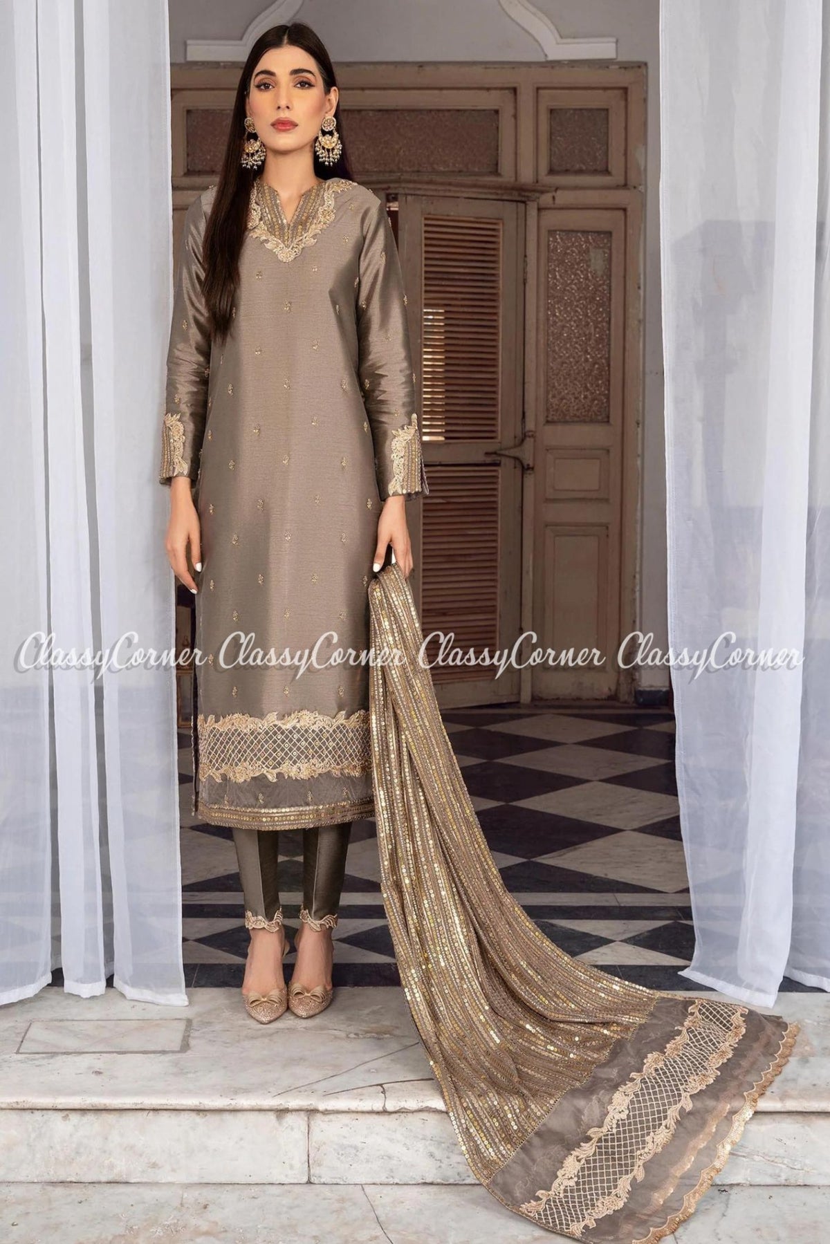 Grey Silk Pakistani Party Wear Salwar Kameez