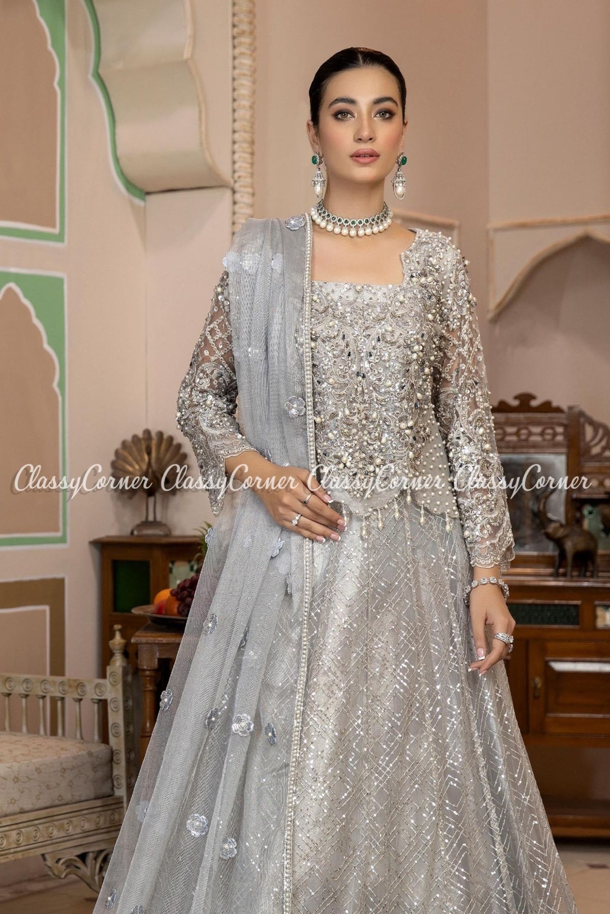 Silver Grey Net Embellished Wedding Wear Lehenga Outfit