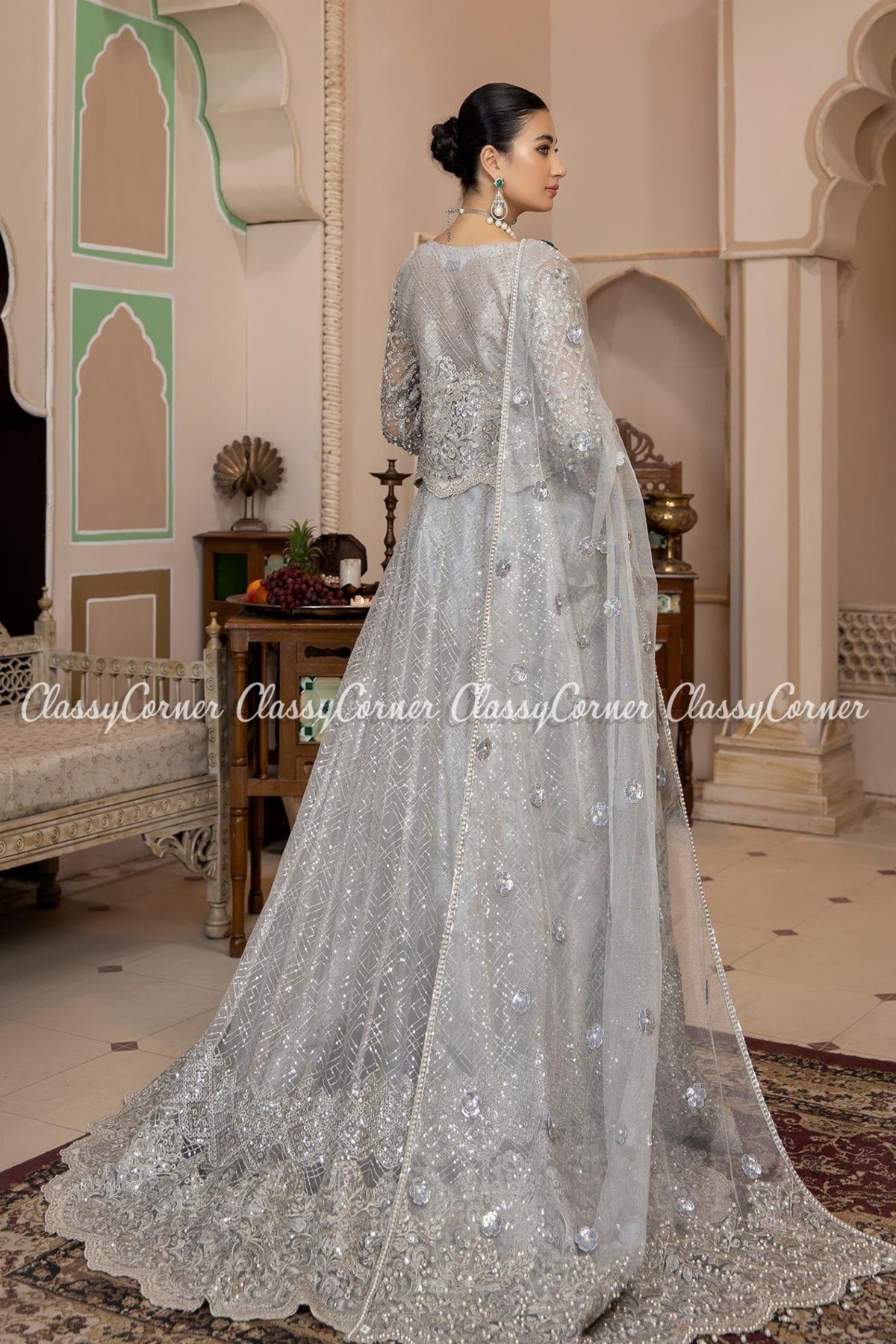 Silver Grey Net Embellished Wedding Wear Lehenga Outfit