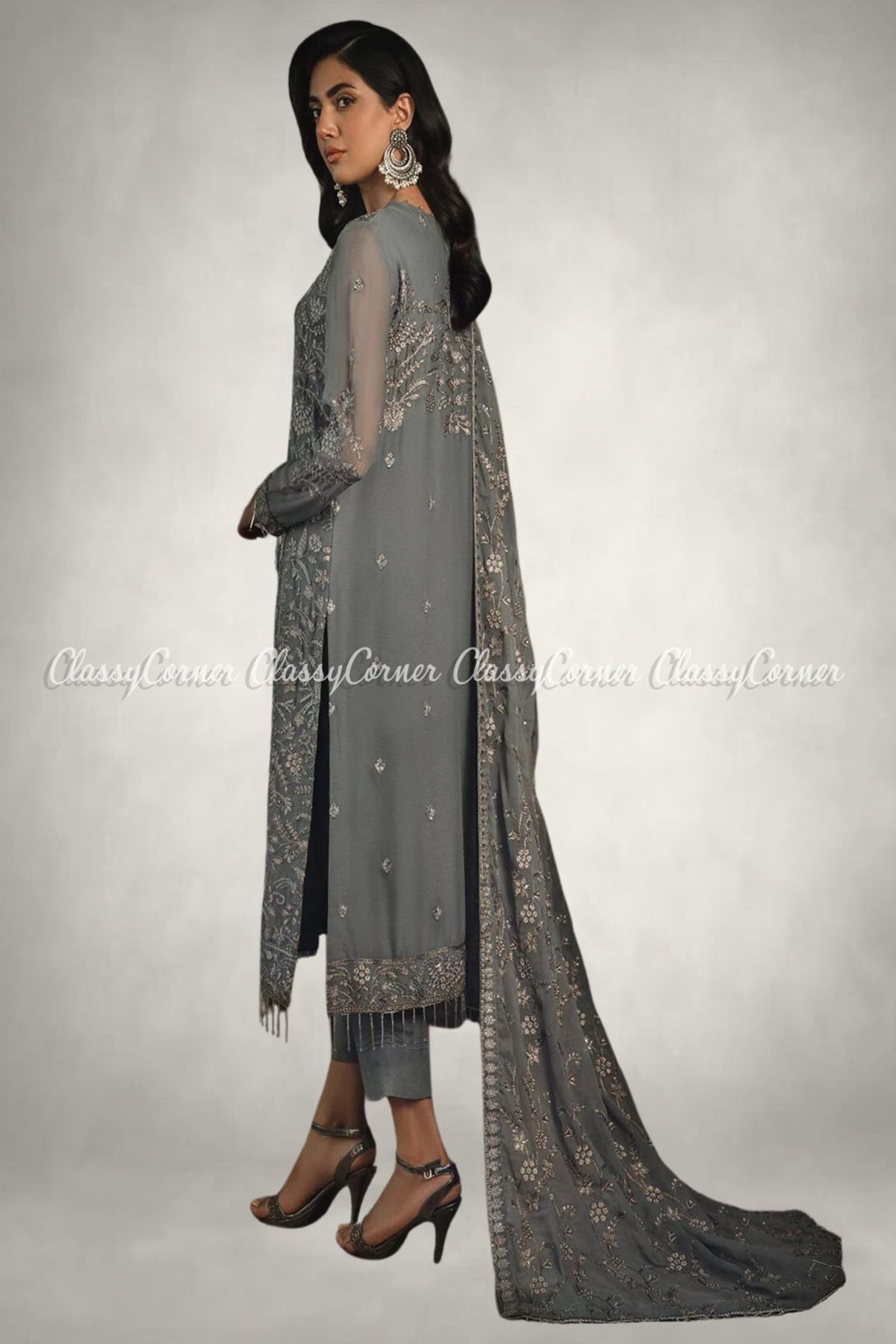 Dark Grey Chiffon Embroidered Formal Wear Salwar Kameez