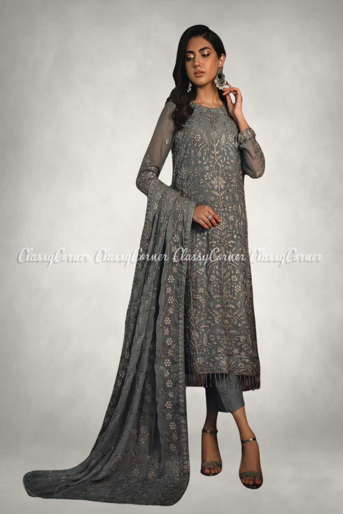 Dark Grey Chiffon Embroidered Formal Wear Salwar Kameez