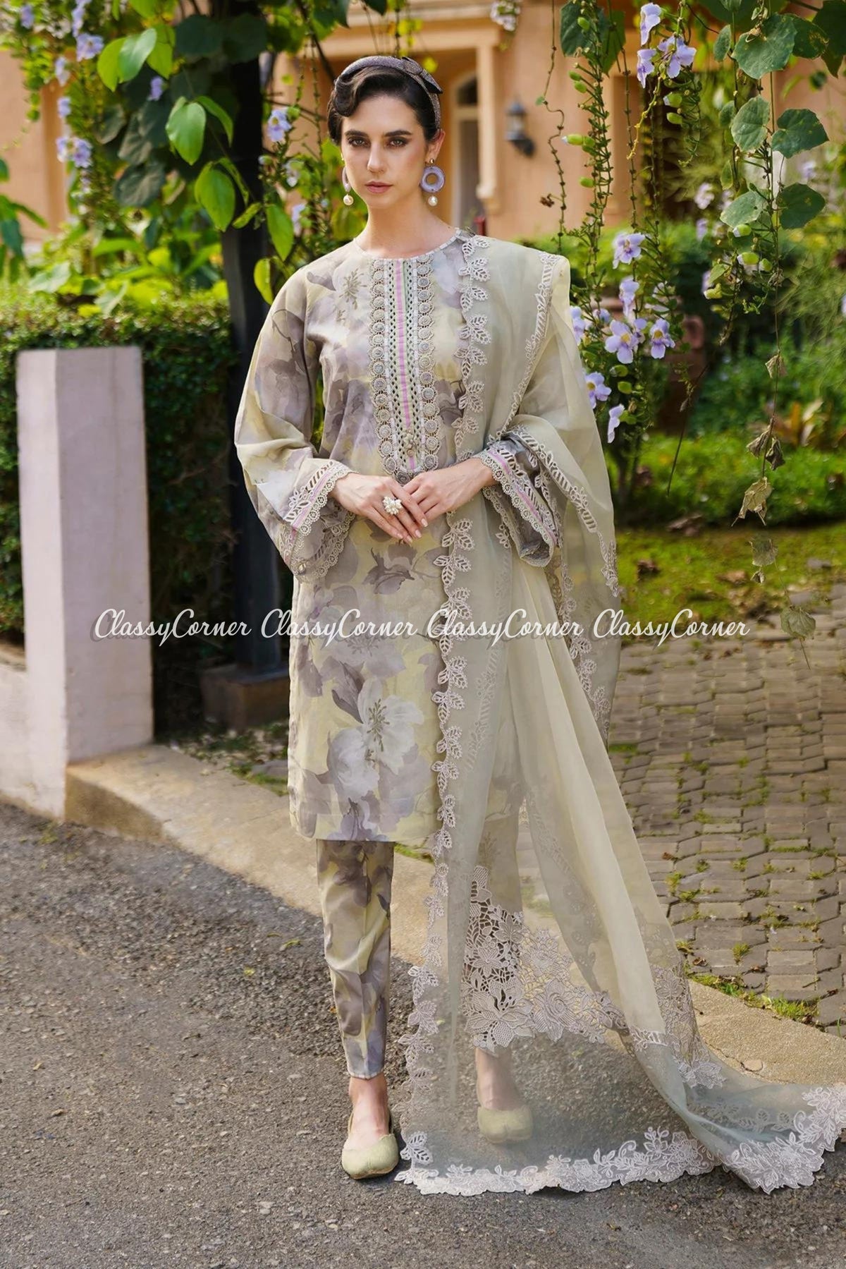 Grey Embroidered Lawn Floral Printed Suit