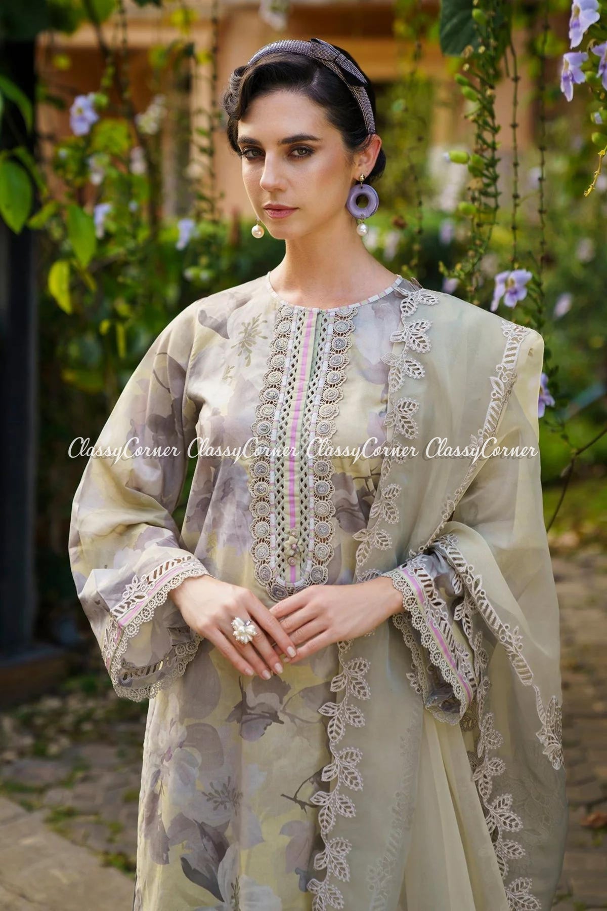 Grey Embroidered Lawn Floral Printed Suit