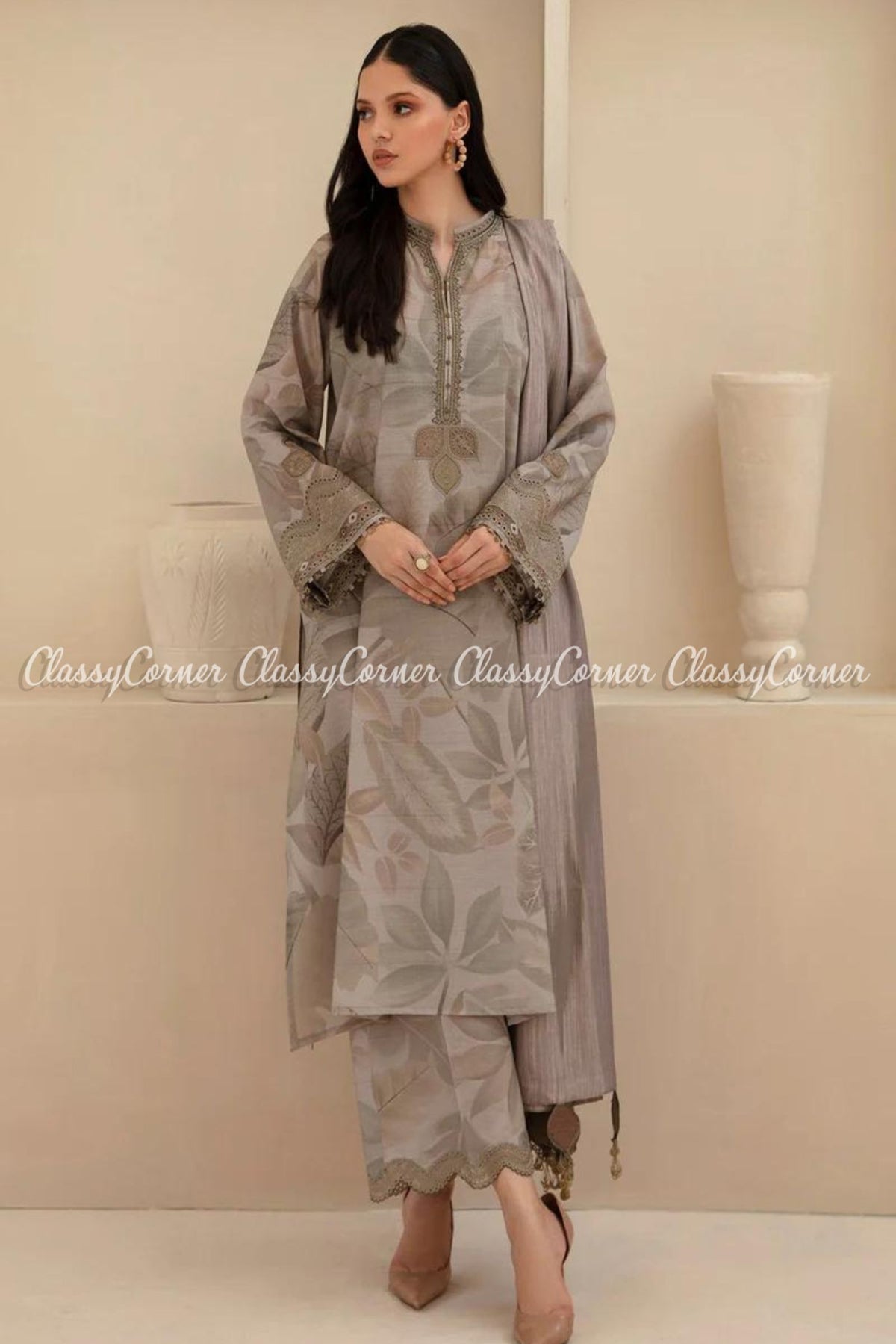 Grey Printed Viscose Khaddar Formal Wear Salwar Kameez