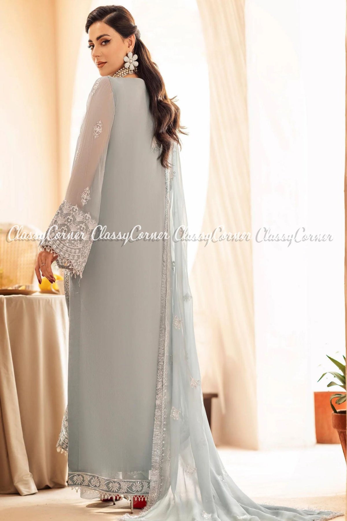 Grey White Chiffon Embroidered Formal Wear Salwar Kameez