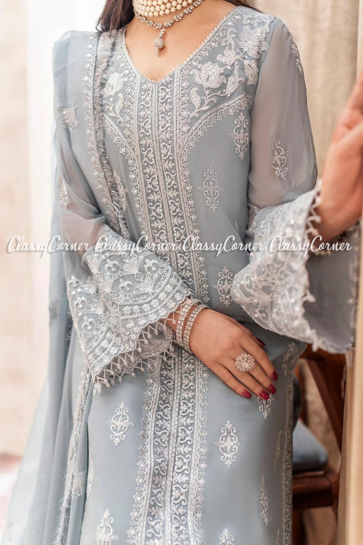 Grey White Chiffon Embroidered Formal Wear Salwar Kameez