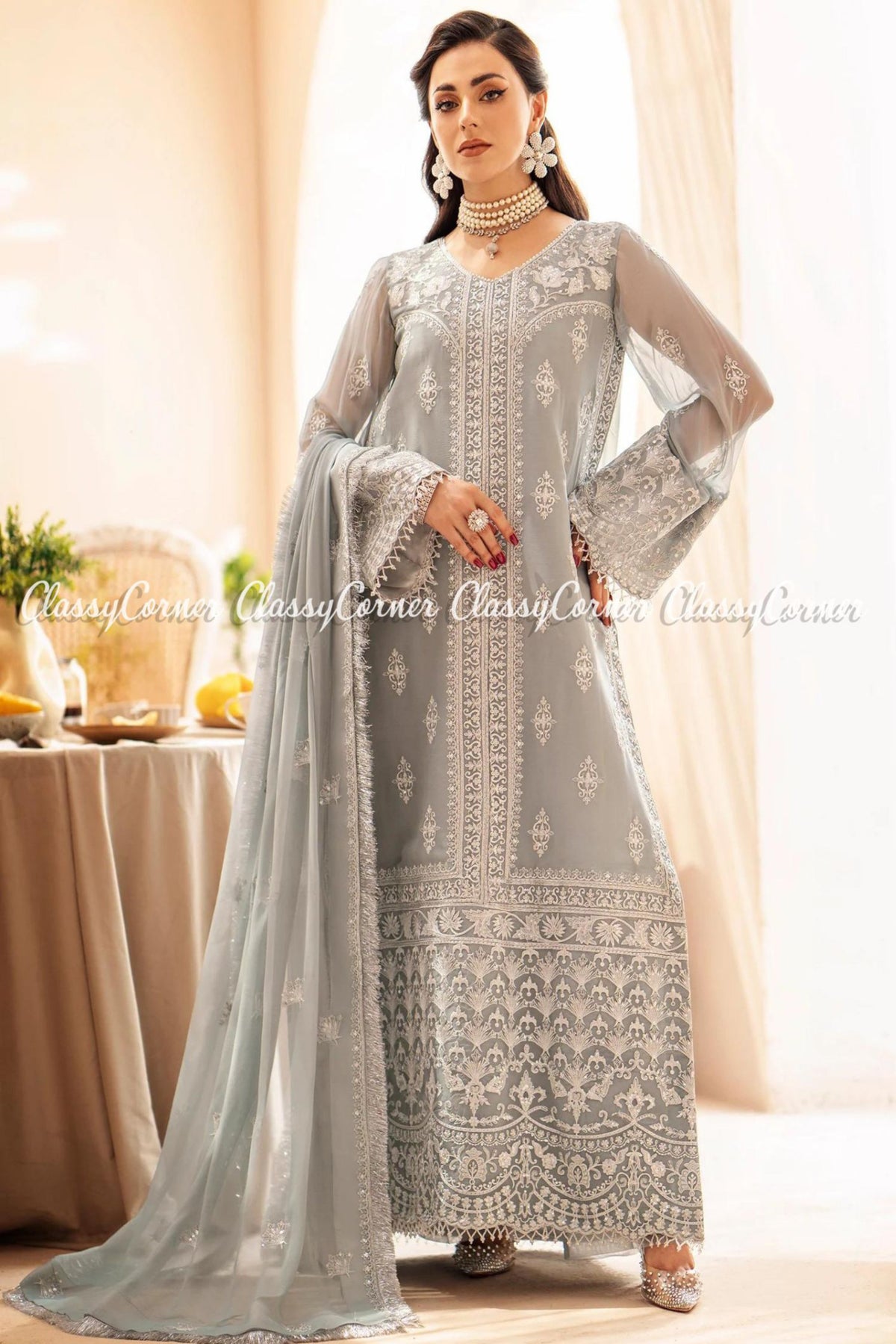 Grey White Chiffon Embroidered Formal Wear Salwar Kameez