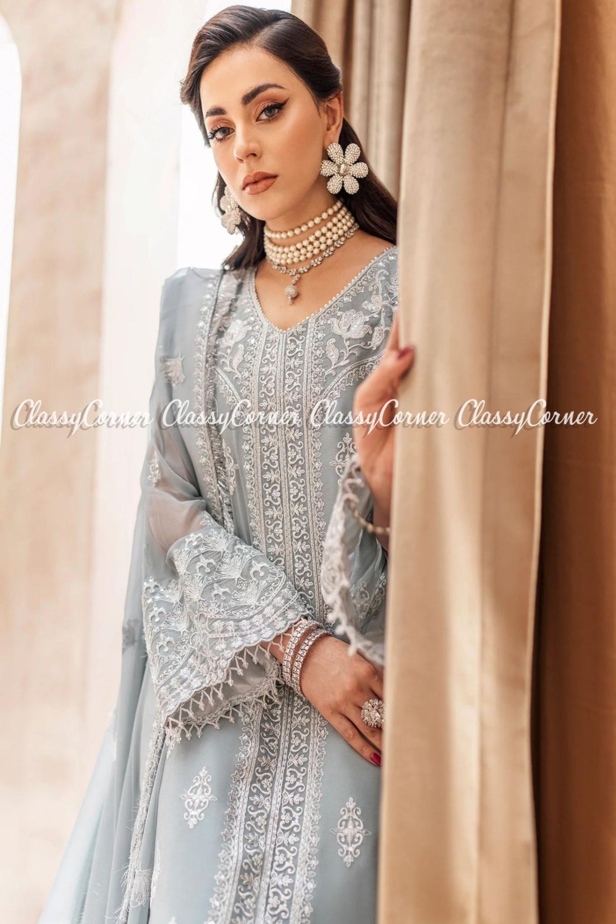 Grey White Chiffon Embroidered Formal Wear Salwar Kameez