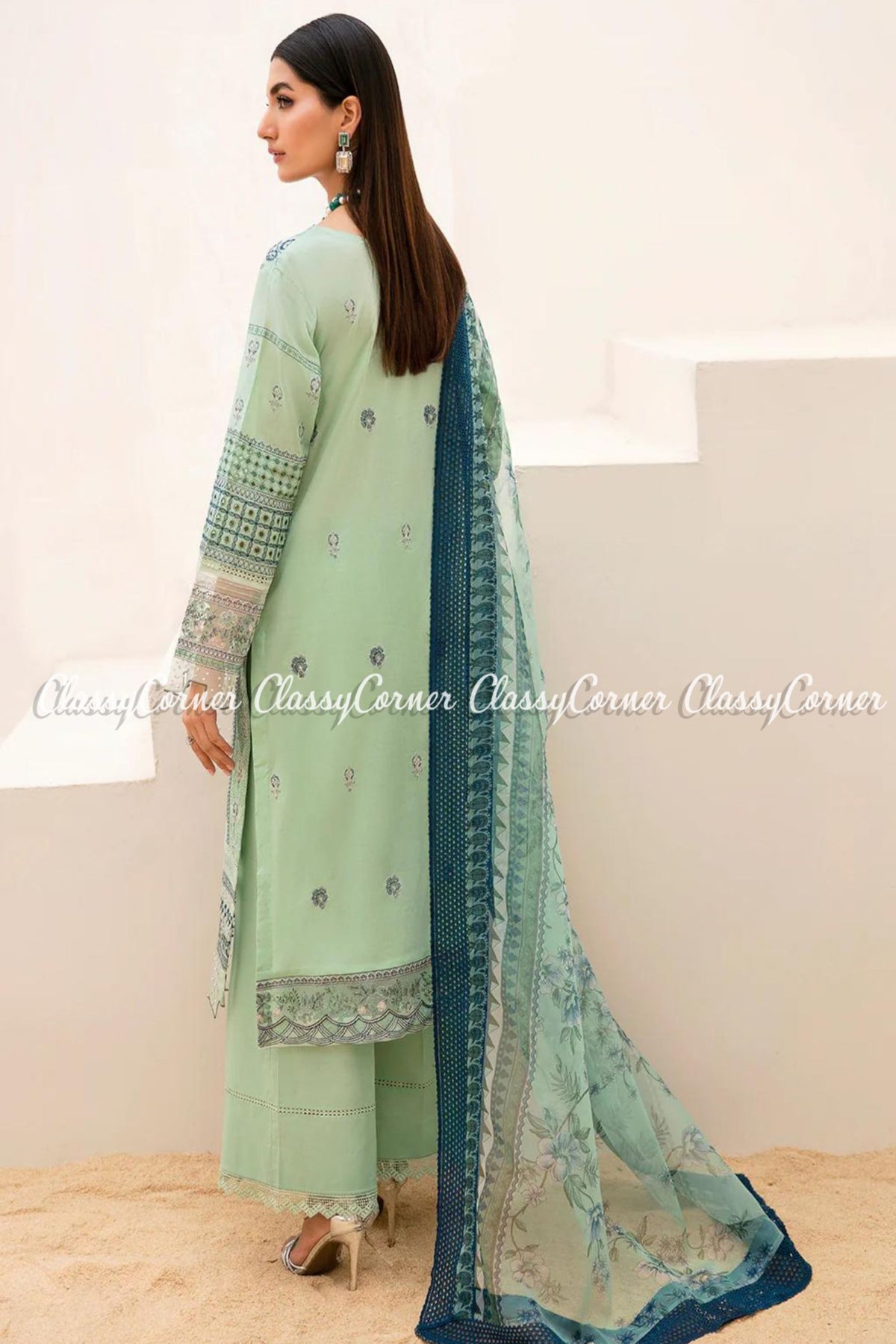 Pastel Green Lawn Embroidered Pakistani Outfit