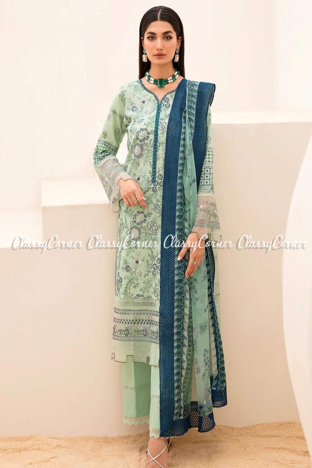 Pastel Green Lawn Embroidered Pakistani Outfit