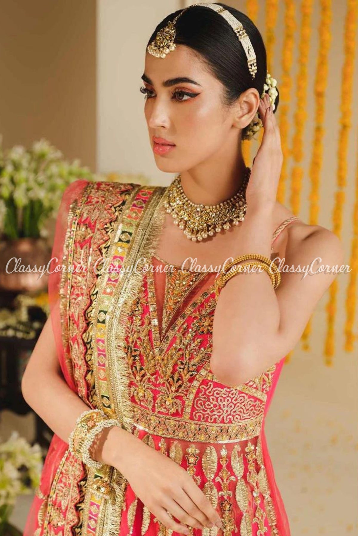 Pink Gold Multicolor Net Organza Embellished Gown Lehenga