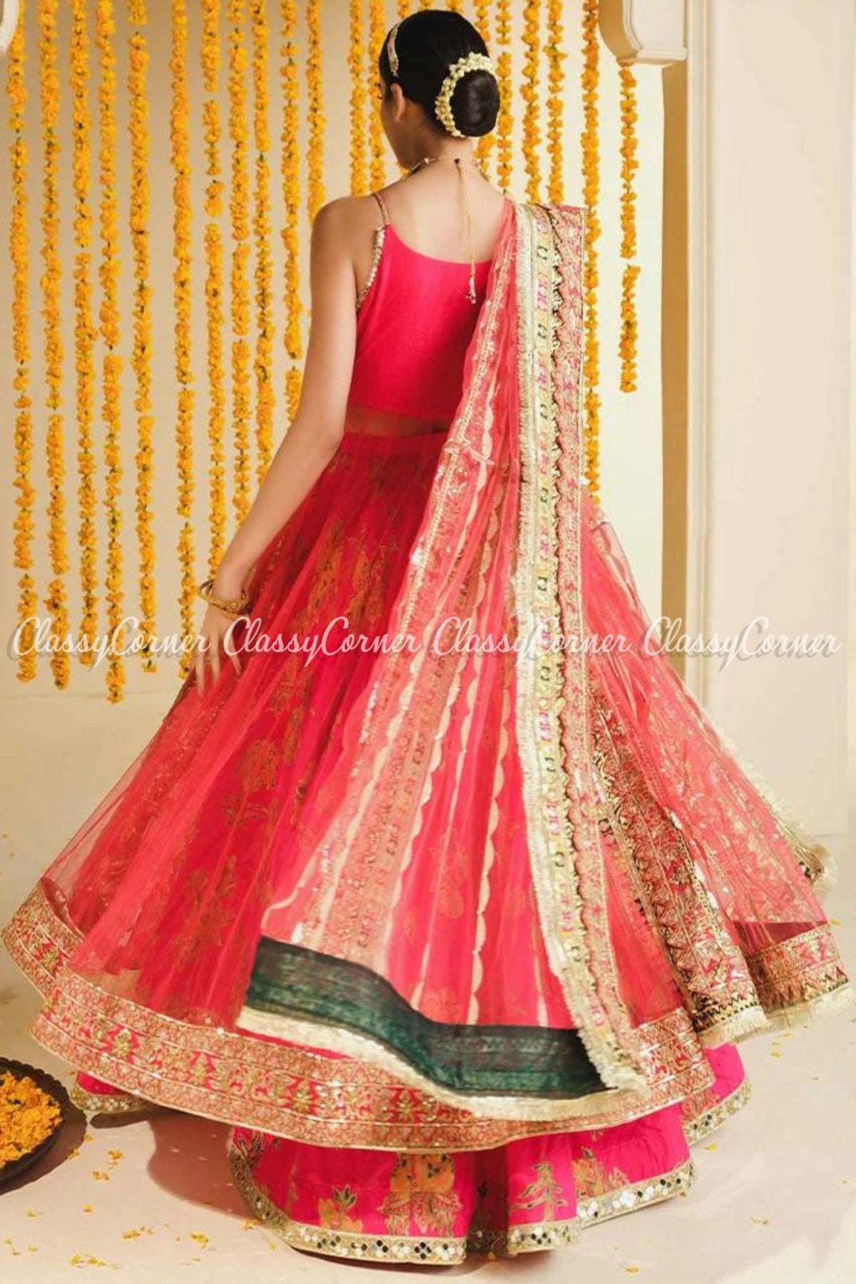 Pink Gold Multicolor Net Organza Embellished Gown Lehenga