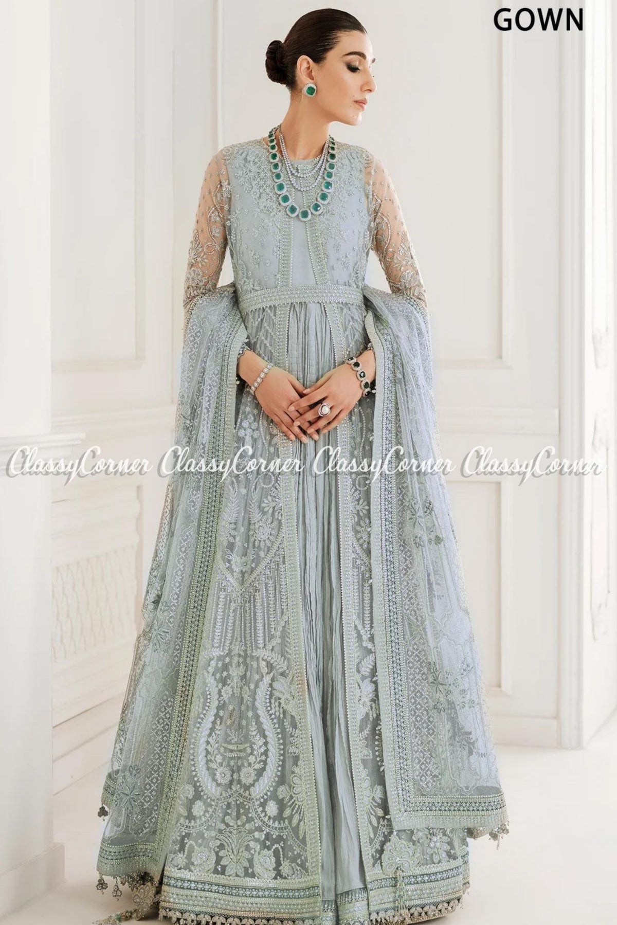 Ice Blue Net Embroidered Party Wear Gown Lehenga