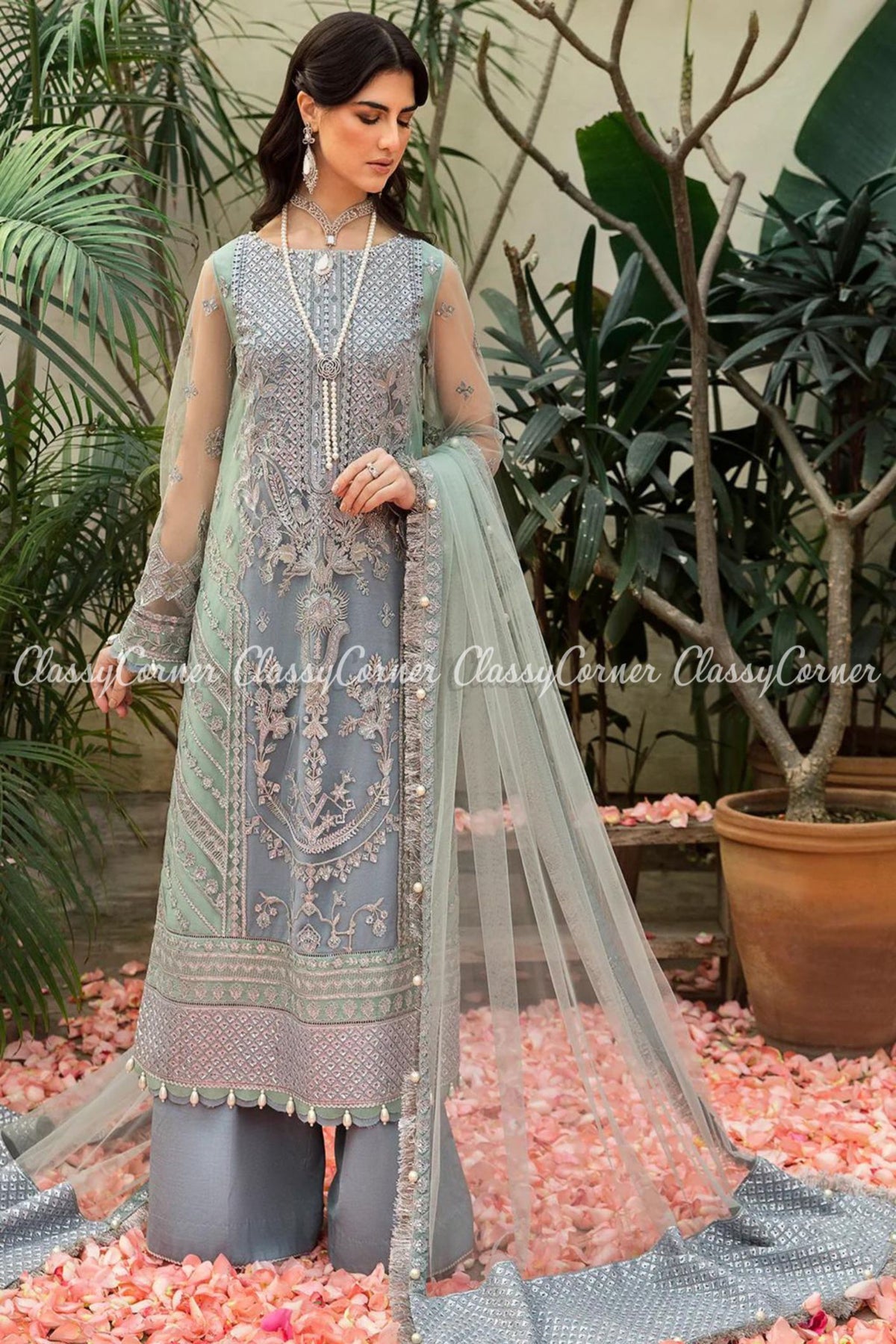 Ice Blue Green Net Emroidered Party Wear Salwar Kameez