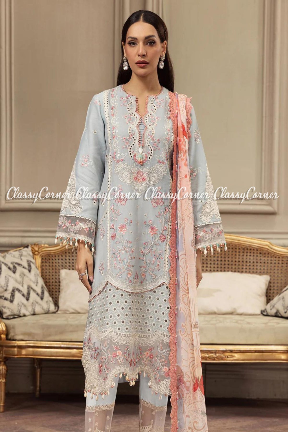 Ice Blue Pink Lawn Embroidered Formal Wear Salwar Kameez