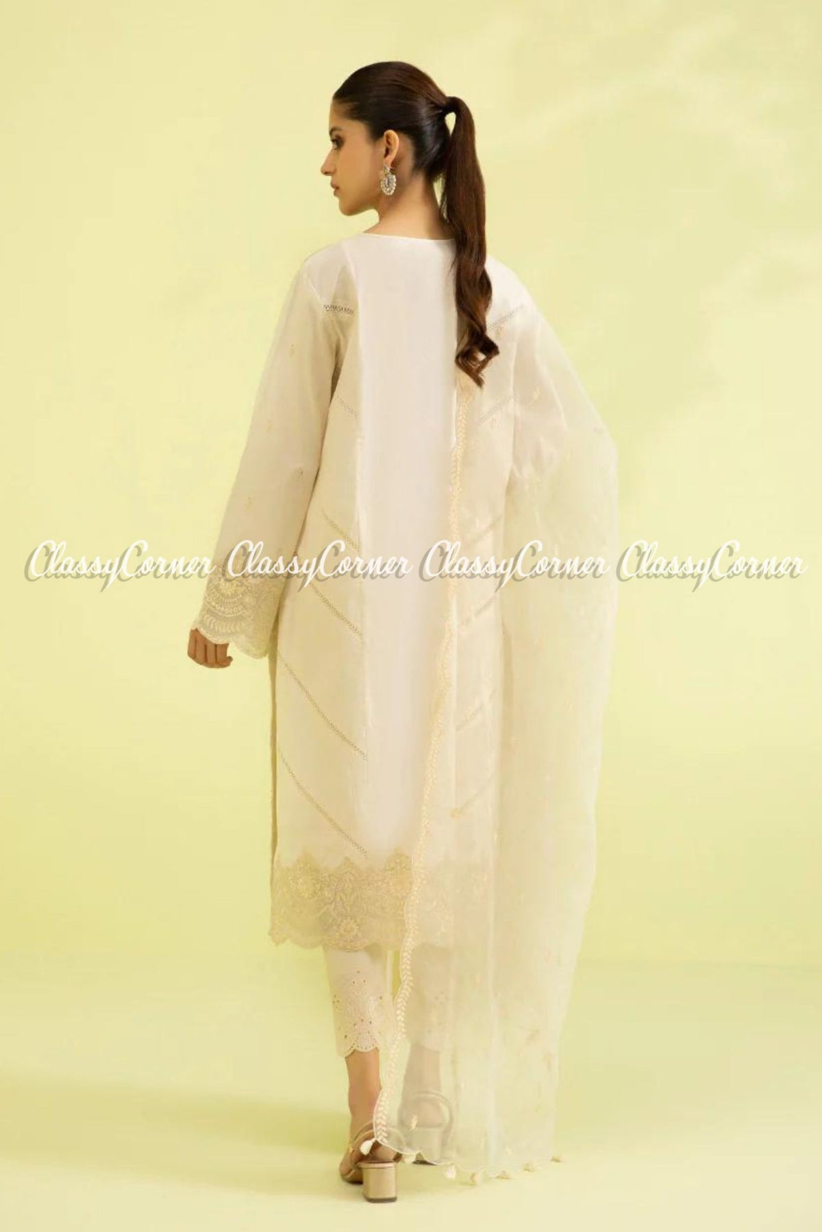 Ivory White Lawn Embroidered Formal Wear Pakistani 3 Piece