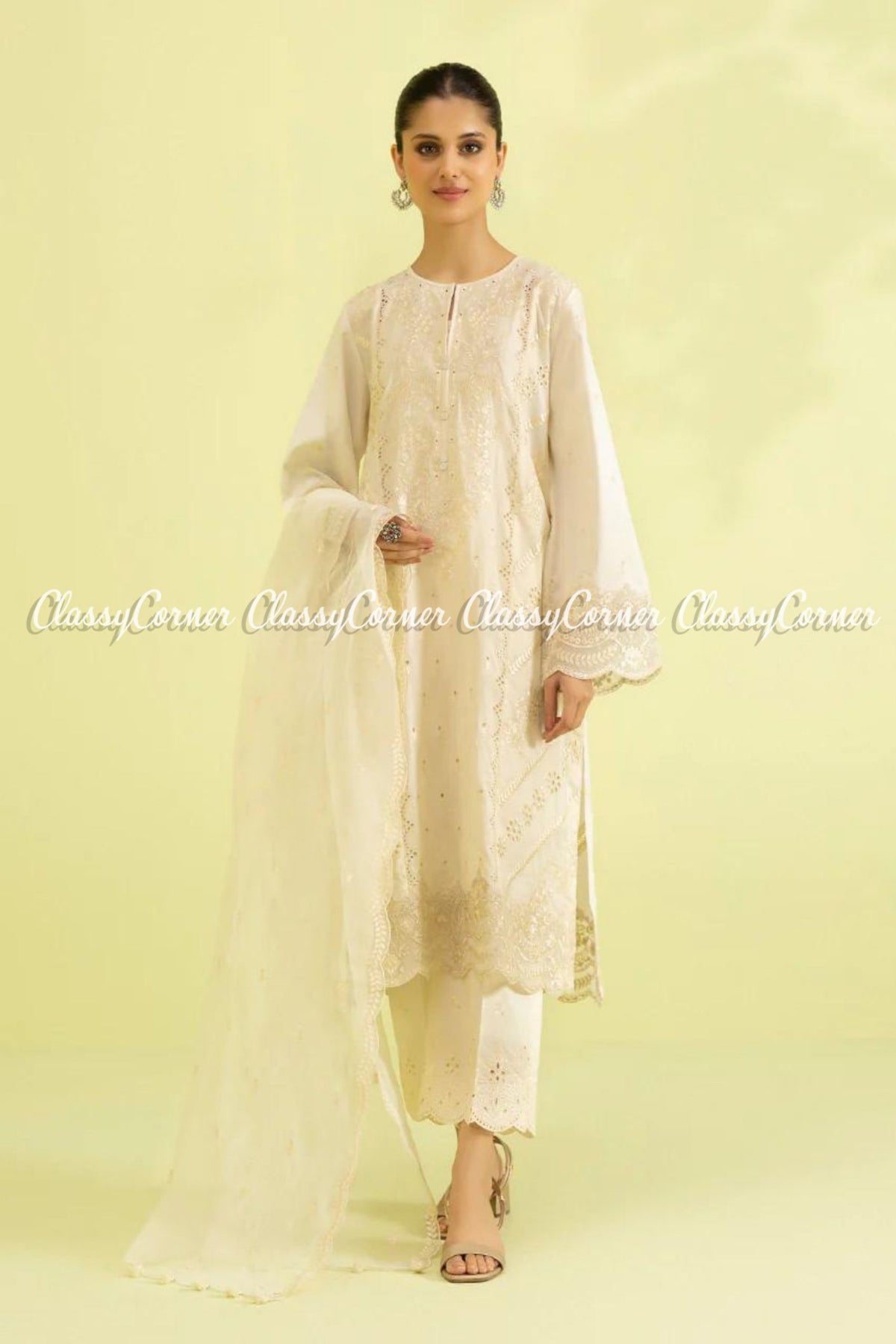 Ivory White Lawn Embroidered Formal Wear Pakistani 3 Piece