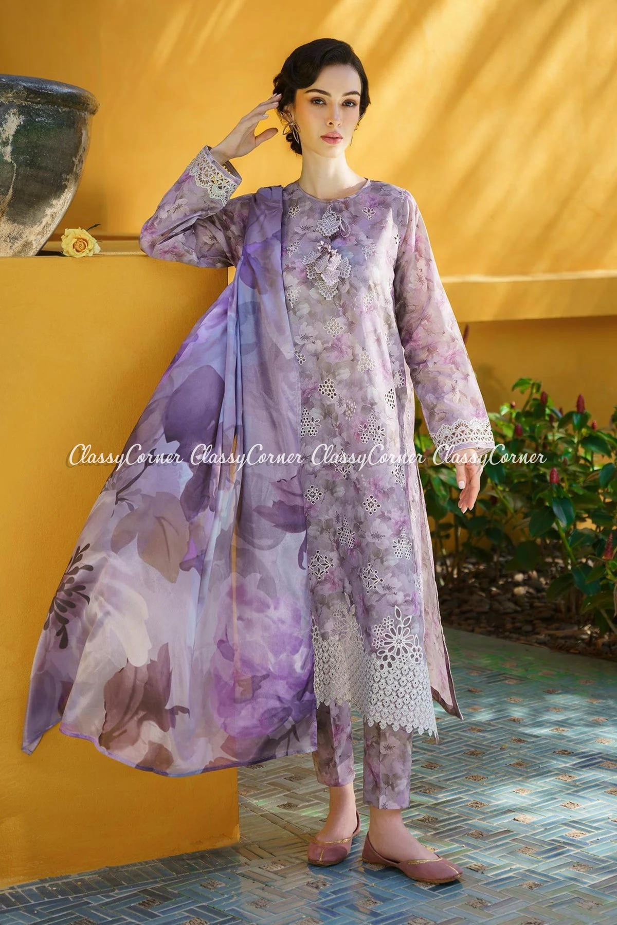 Purple Embroidered Lawn Printed Salwar Kameez