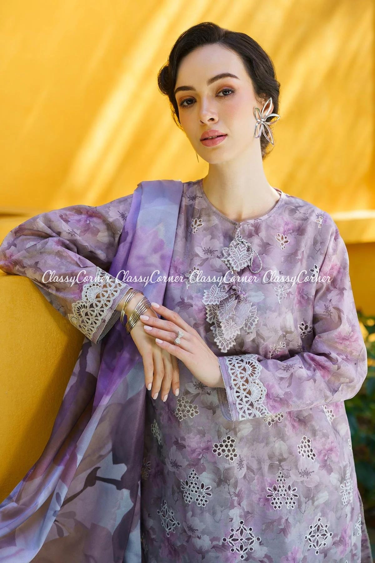 Purple Embroidered Lawn Printed Salwar Kameez