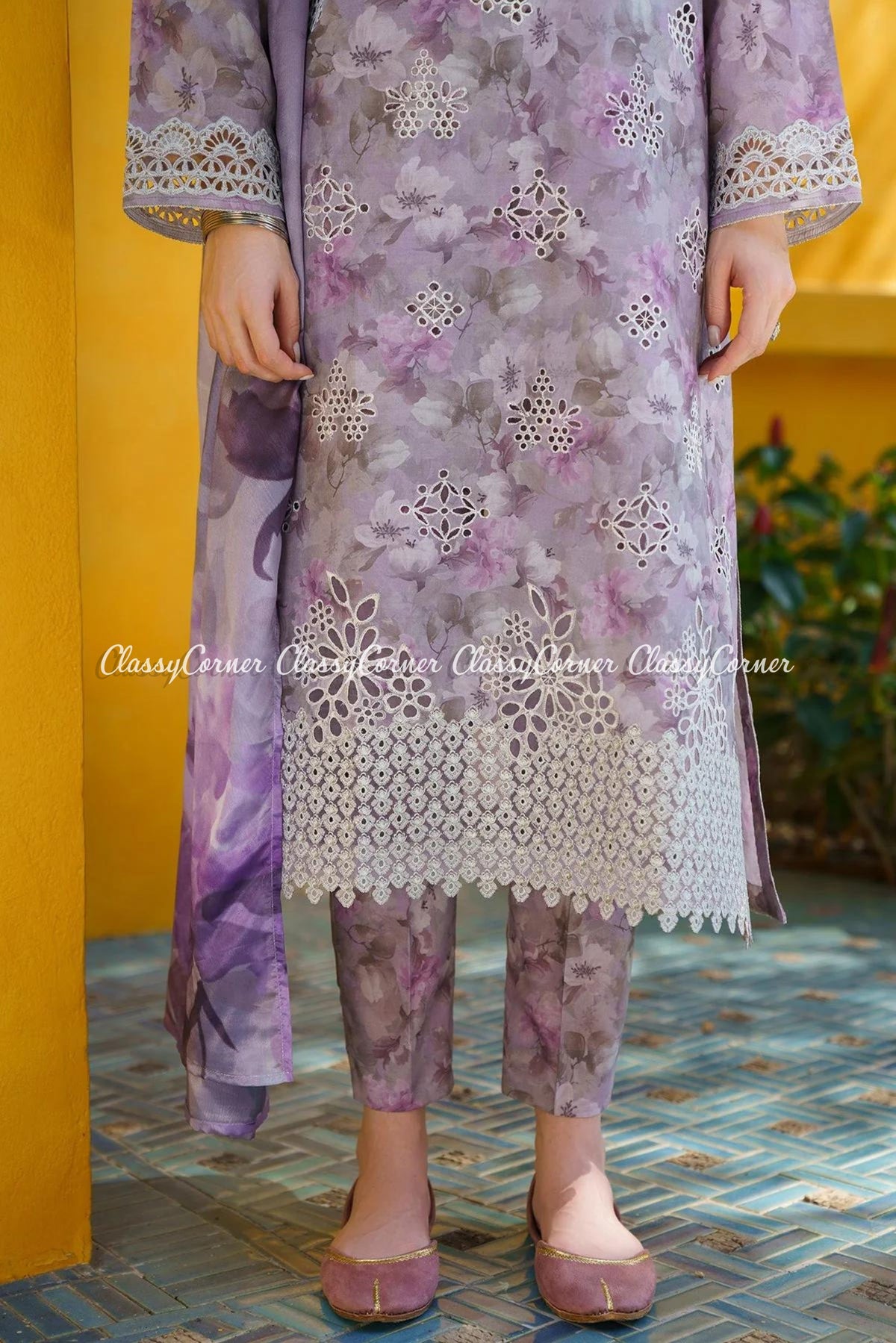 Purple Embroidered Lawn Printed Salwar Kameez