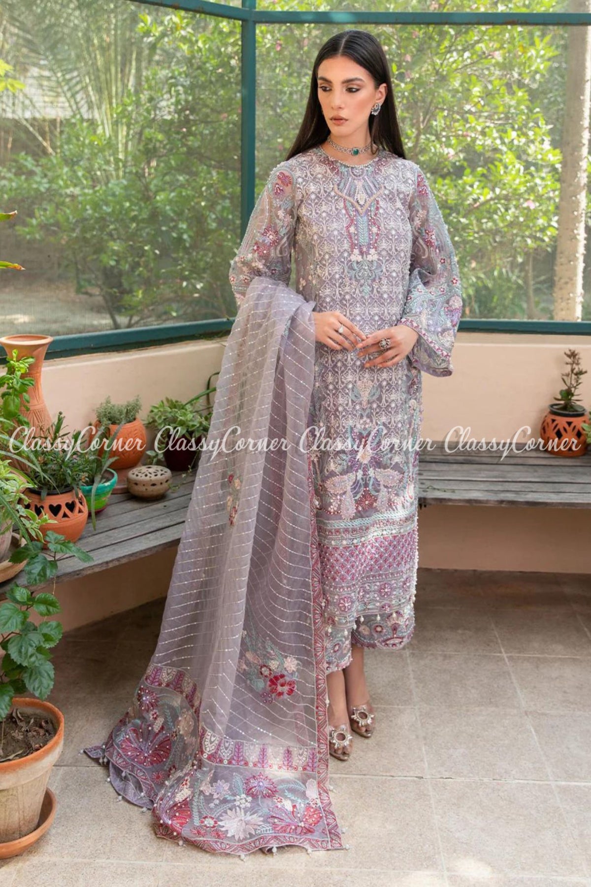 Lavender Blue Organza Embroidered Party Wear Salwar Kameez