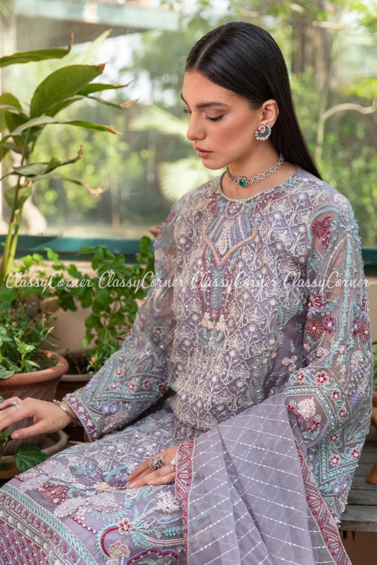 Lavender Blue Organza Embroidered Party Wear Salwar Kameez