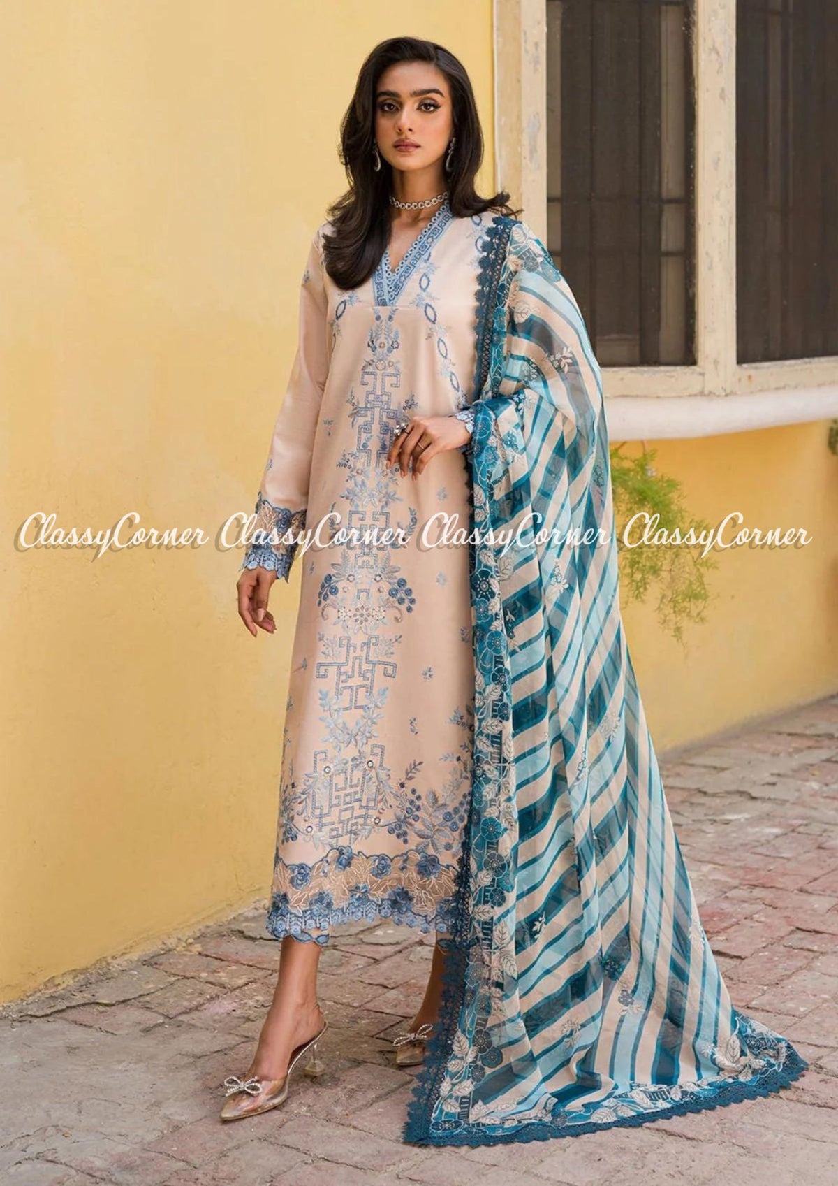 Cream White Blue Lawn Embroidered Pakistani 3 Piece Outfit