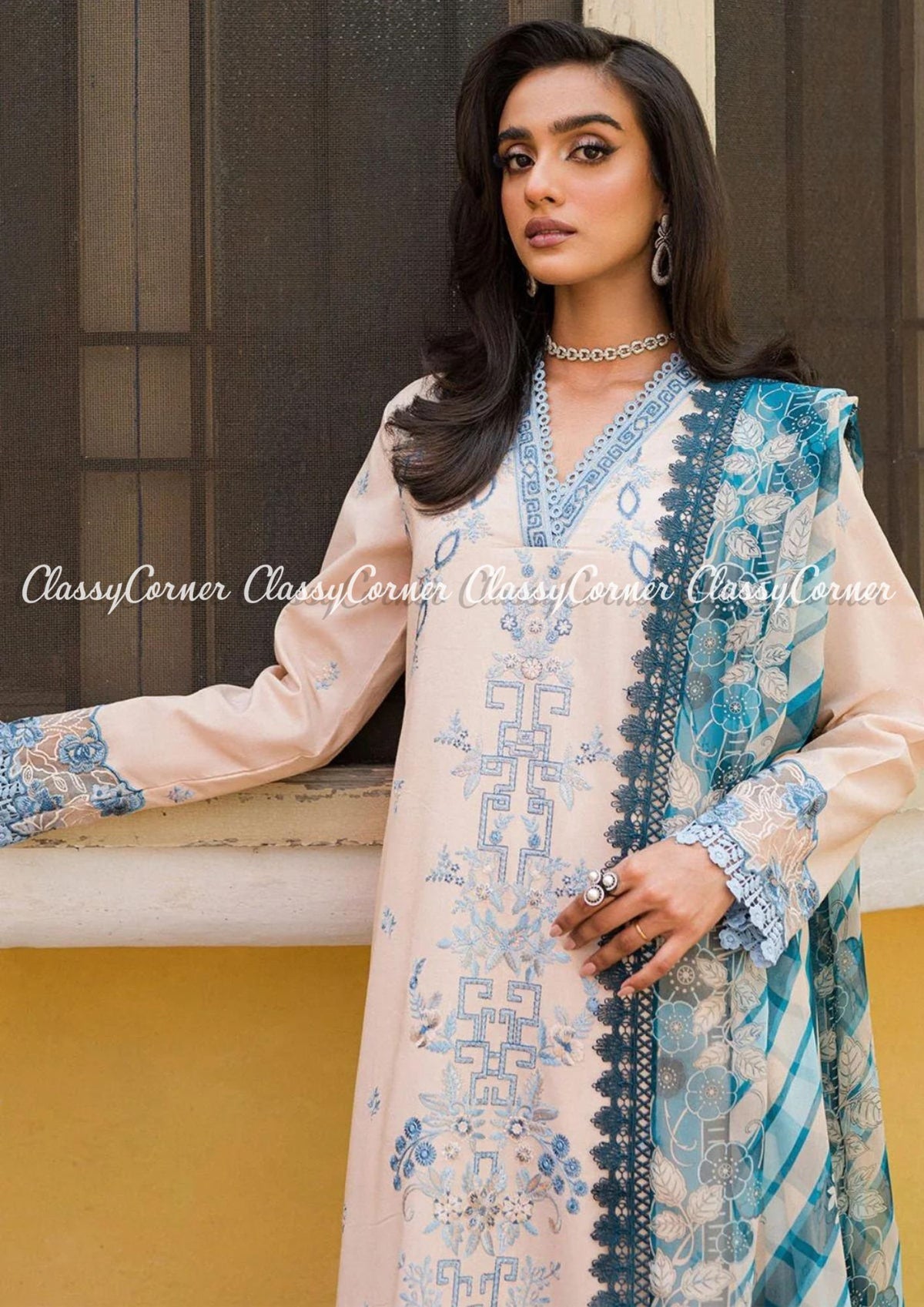 Cream White Blue Lawn Embroidered Pakistani 3 Piece Outfit